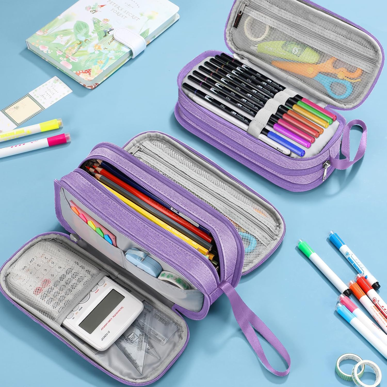 Thumbnail 2 de FINPAC Federmäppchen Federtasche in Hellviolett – große Kapazität mit 3 Fächern