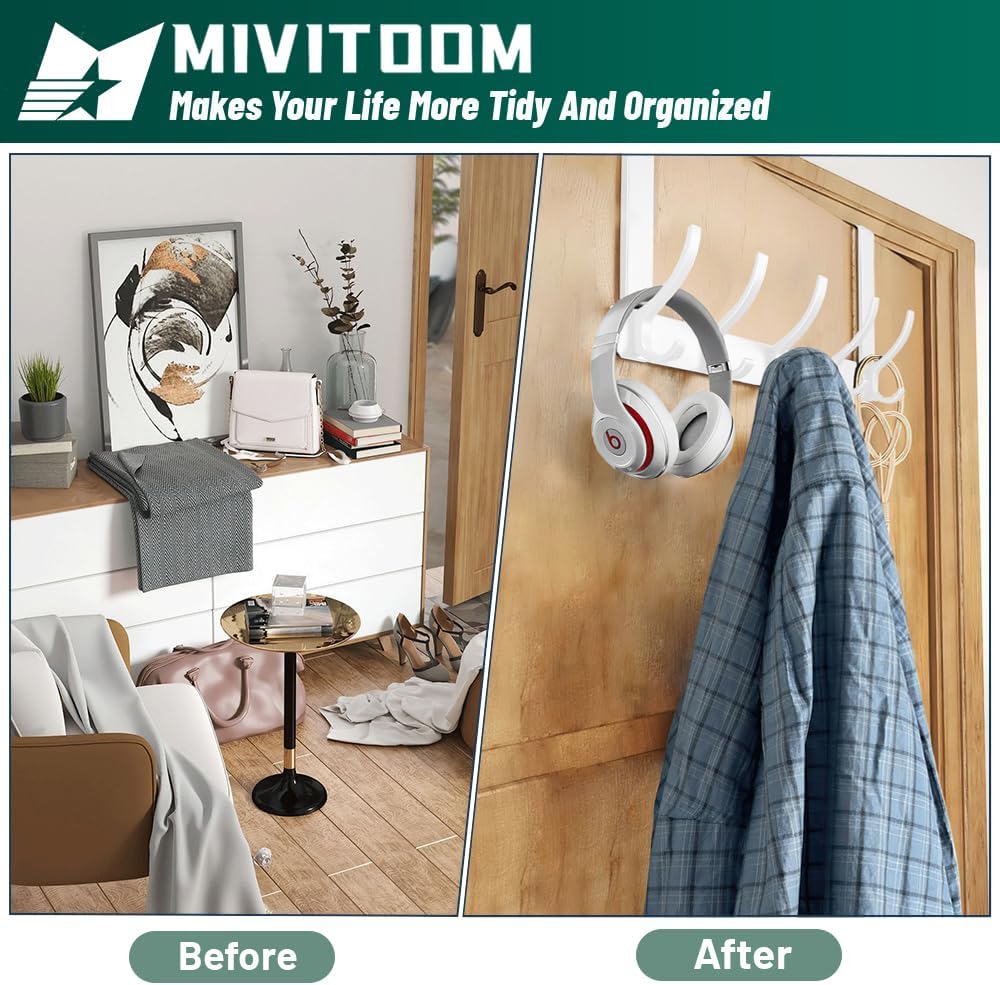 Detalle de MIVITOOM Over Door Hanger with 5 Hooks (White) – heavy duty hooks for coats, towels, keys and bags