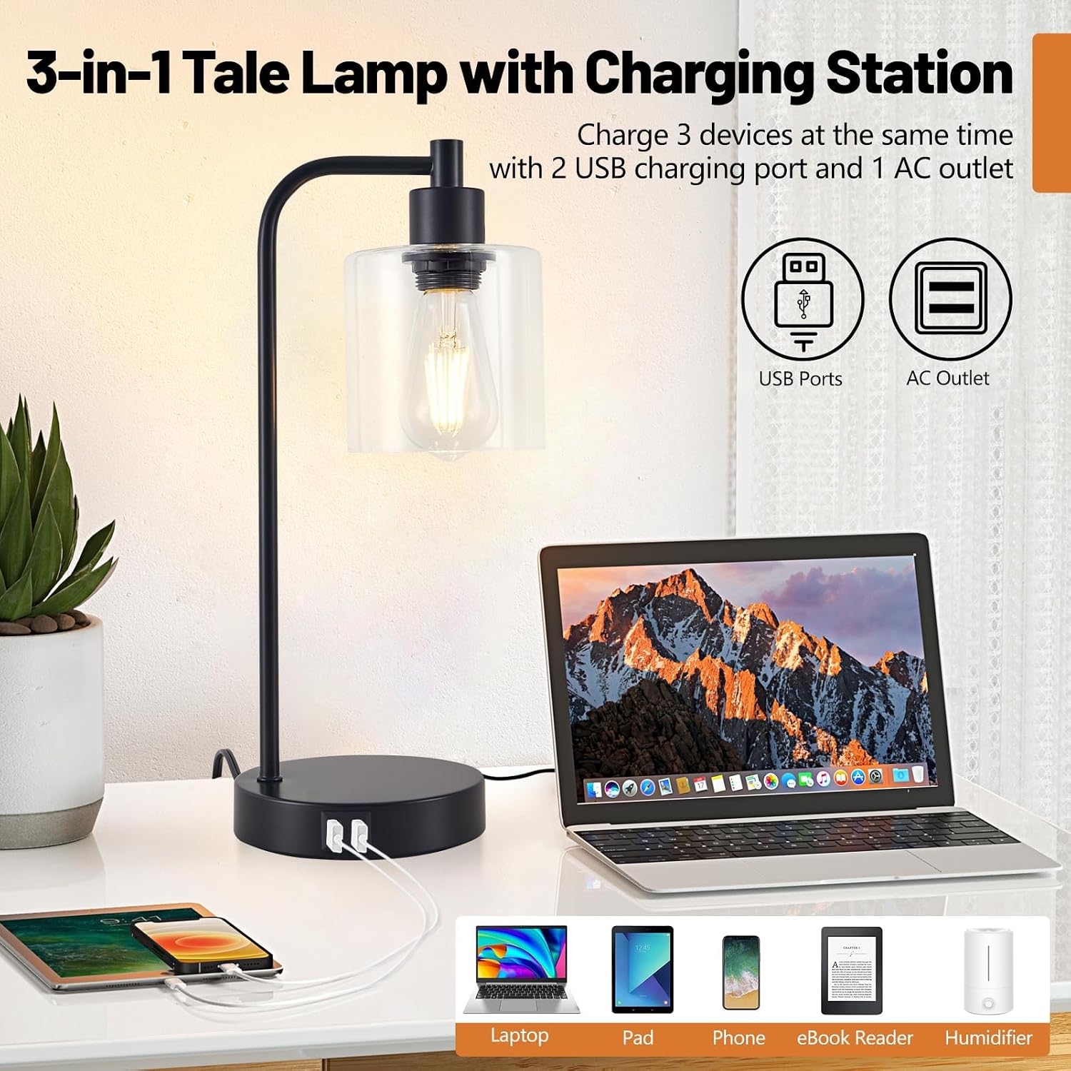 Thumbnail 1 de SANGFOR XLGZ-L1-013BK Table Lamp Set of 2 with Glass Shades, Touch Dimming and USB