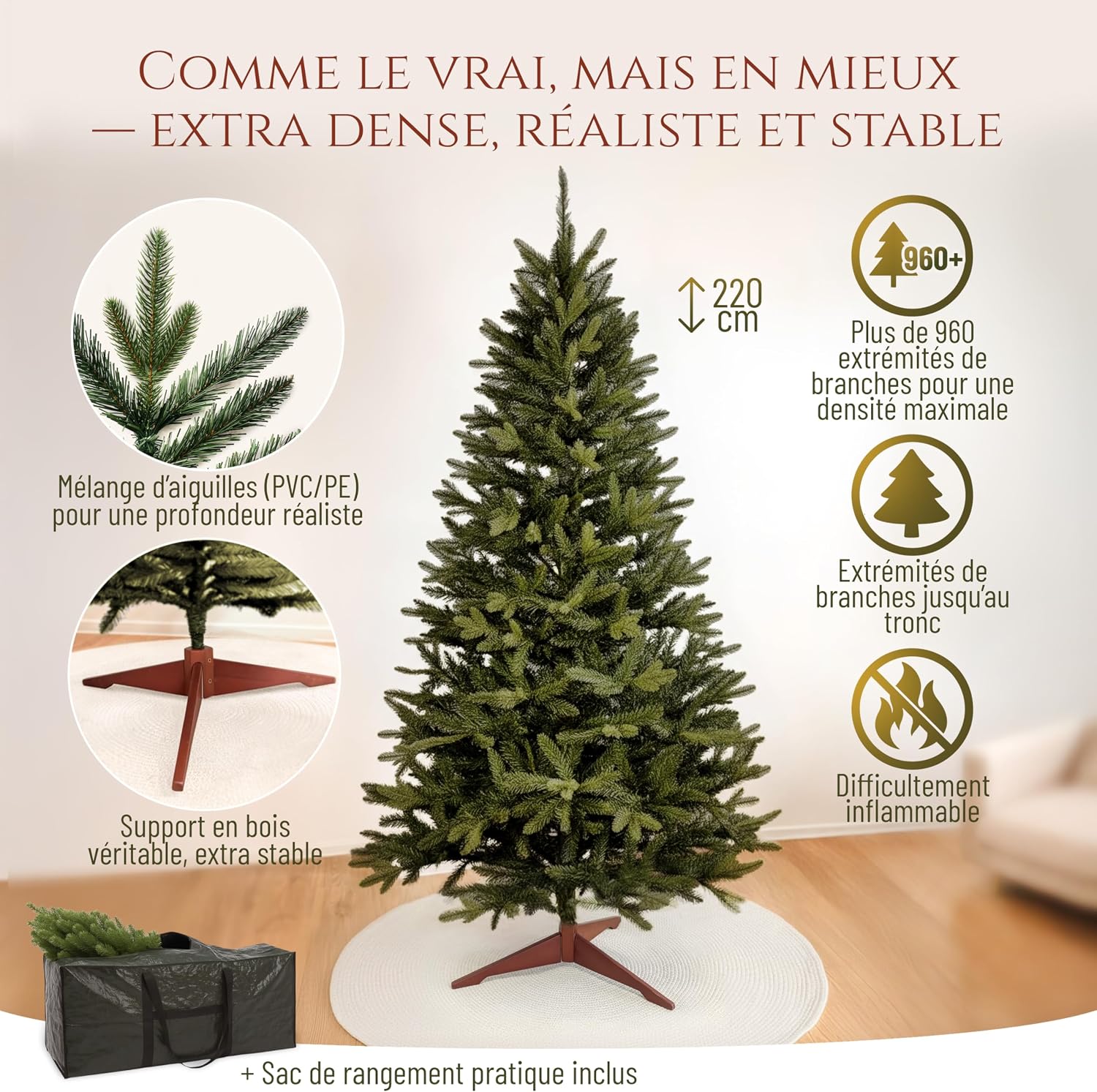 Detalle de Pure Living Sapin artificiel Premium 220 cm réaliste avec support en bois 🎄