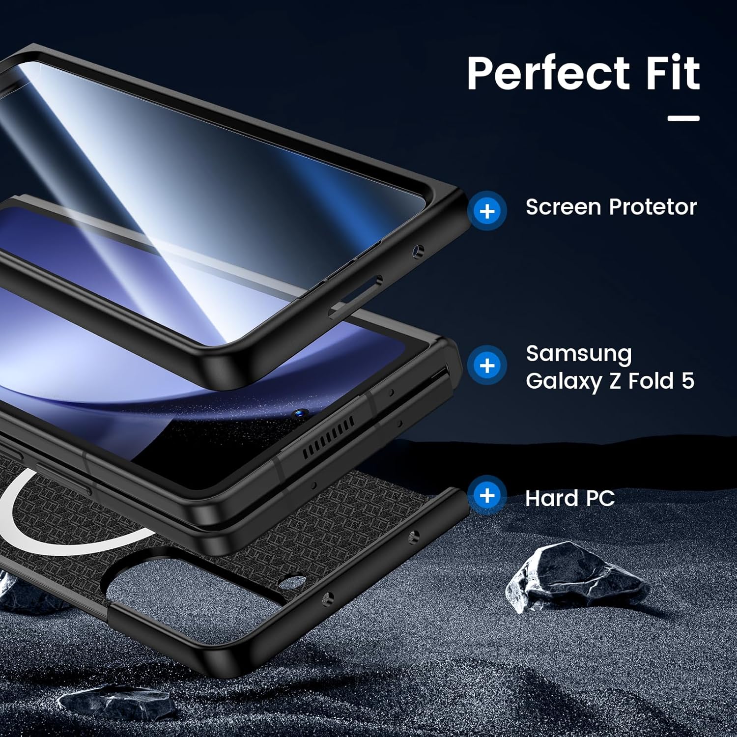 Detalle de HWeggo slim case for Samsung Galaxy Z Fold 5 (2023) with built-in 9H screen protector & magnetic charging, Black