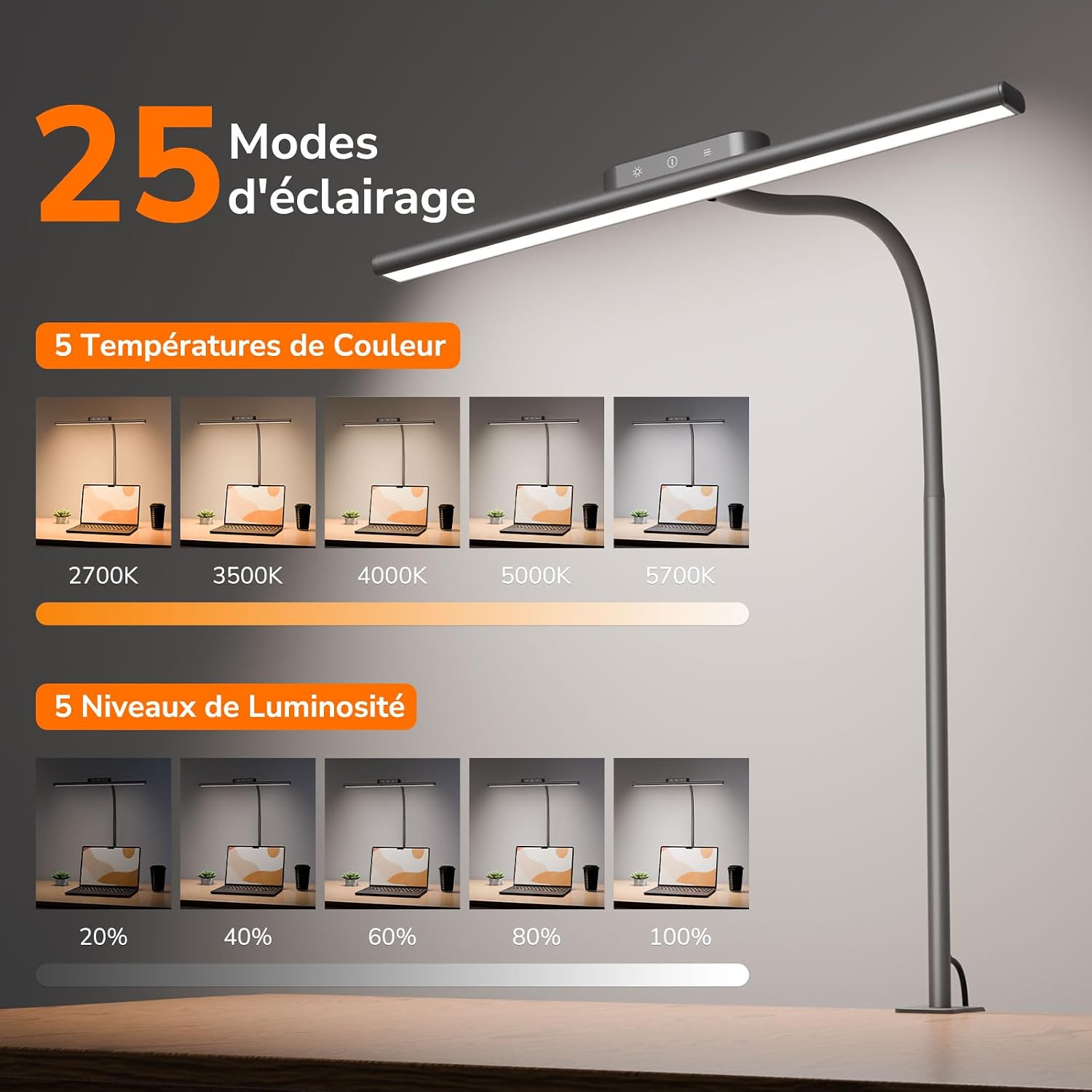 Detalle de Lampe de bureau Lepro 11W à pince flexible, 5 modes couleur et 5 niveaux de luminosité (gris)