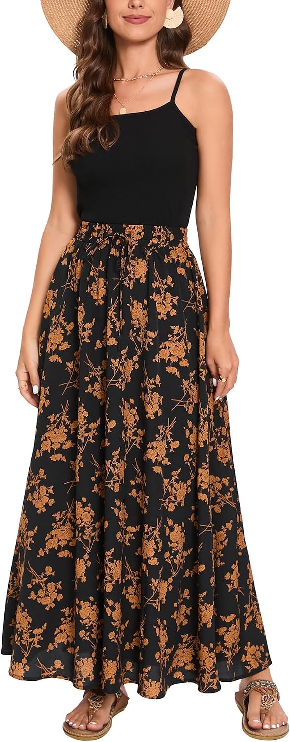 Detalle de Hount Damen Maxirock mit elastischer Taille – Boho-Strand- und Sommerrock