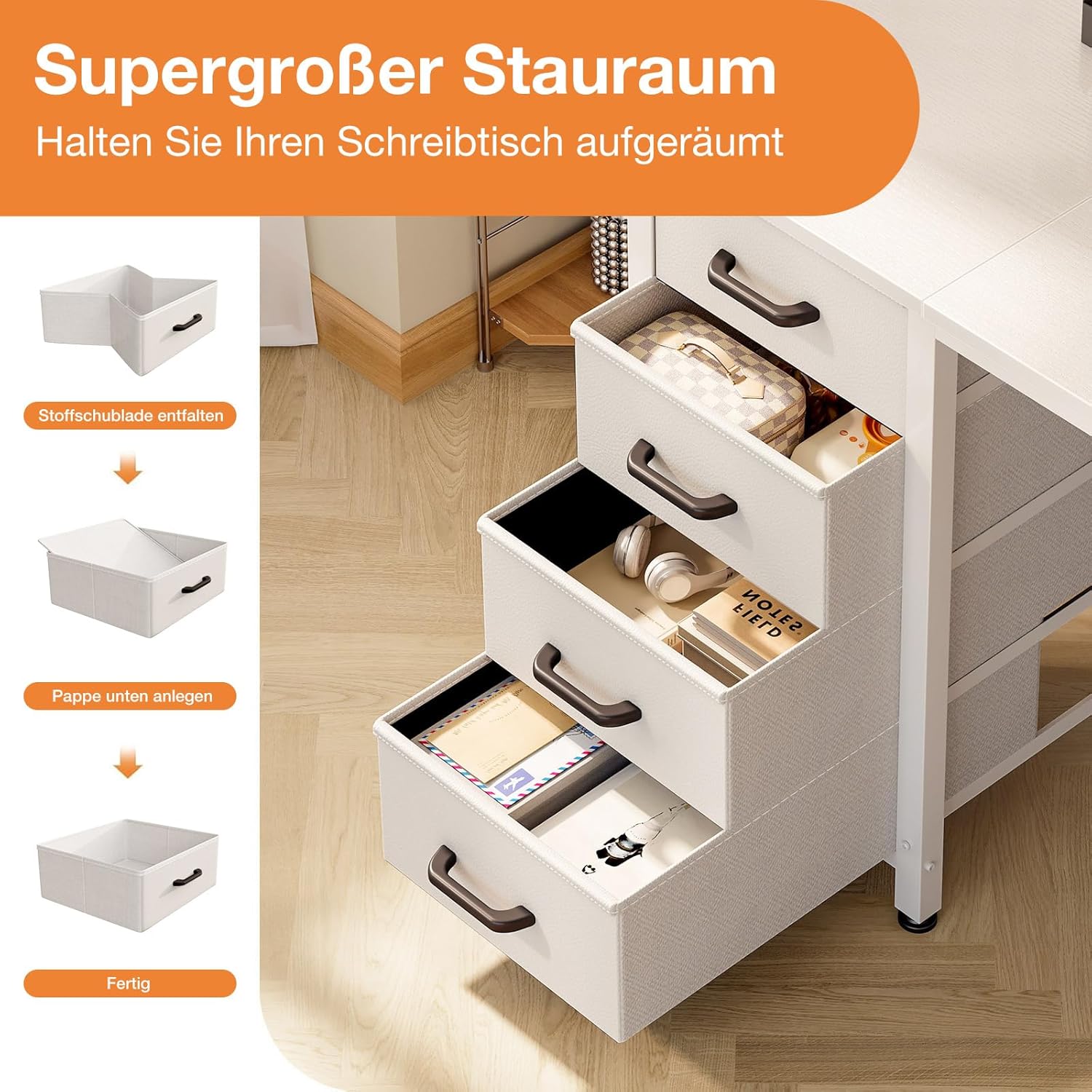 Detalle de ODK Kleiner Schreibtisch mit 4 Schubladen, 100x48x75,7 cm – umkehrbar & mit Kopfhörerhalter (weiß)