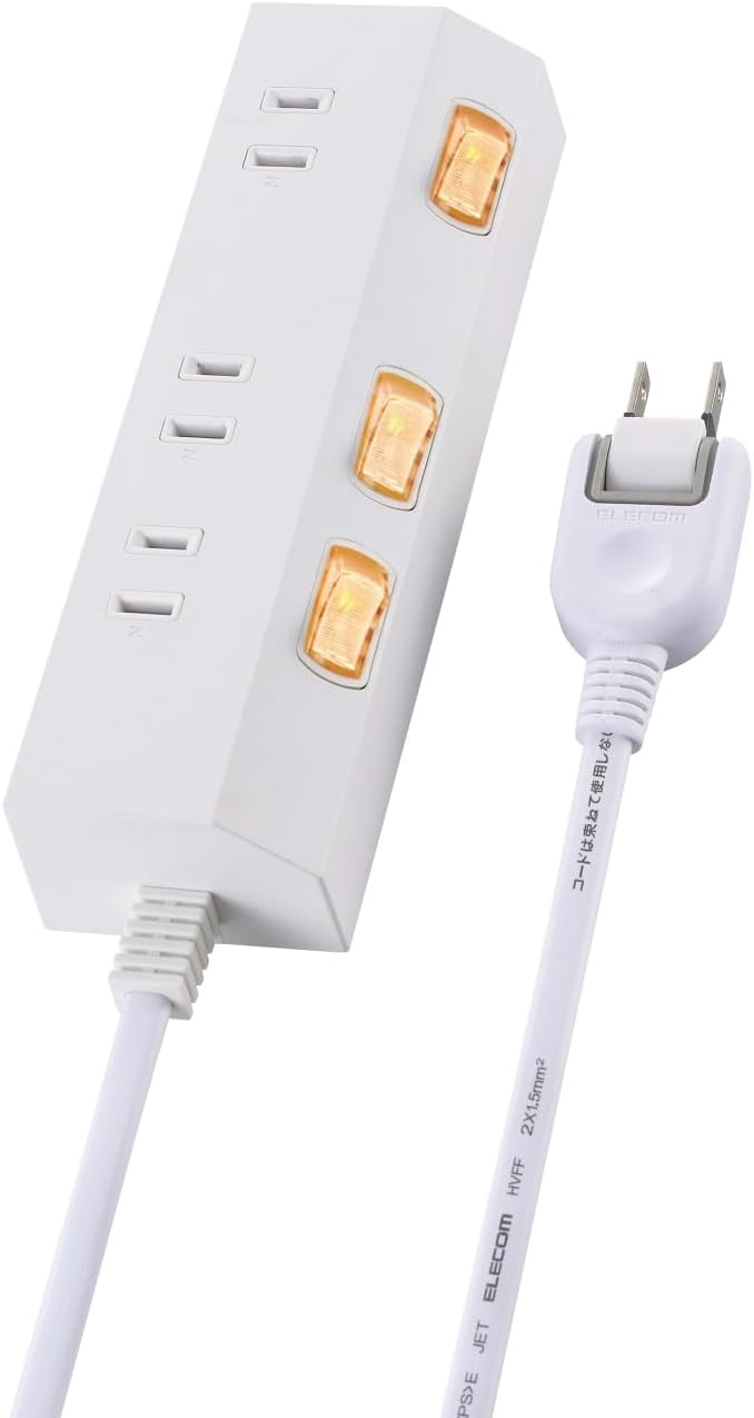 Detalle de エレコム ECT-3520WH 電源タップ 2m・3個口 個別スイッチ・ほこりシャッター・雷ガード