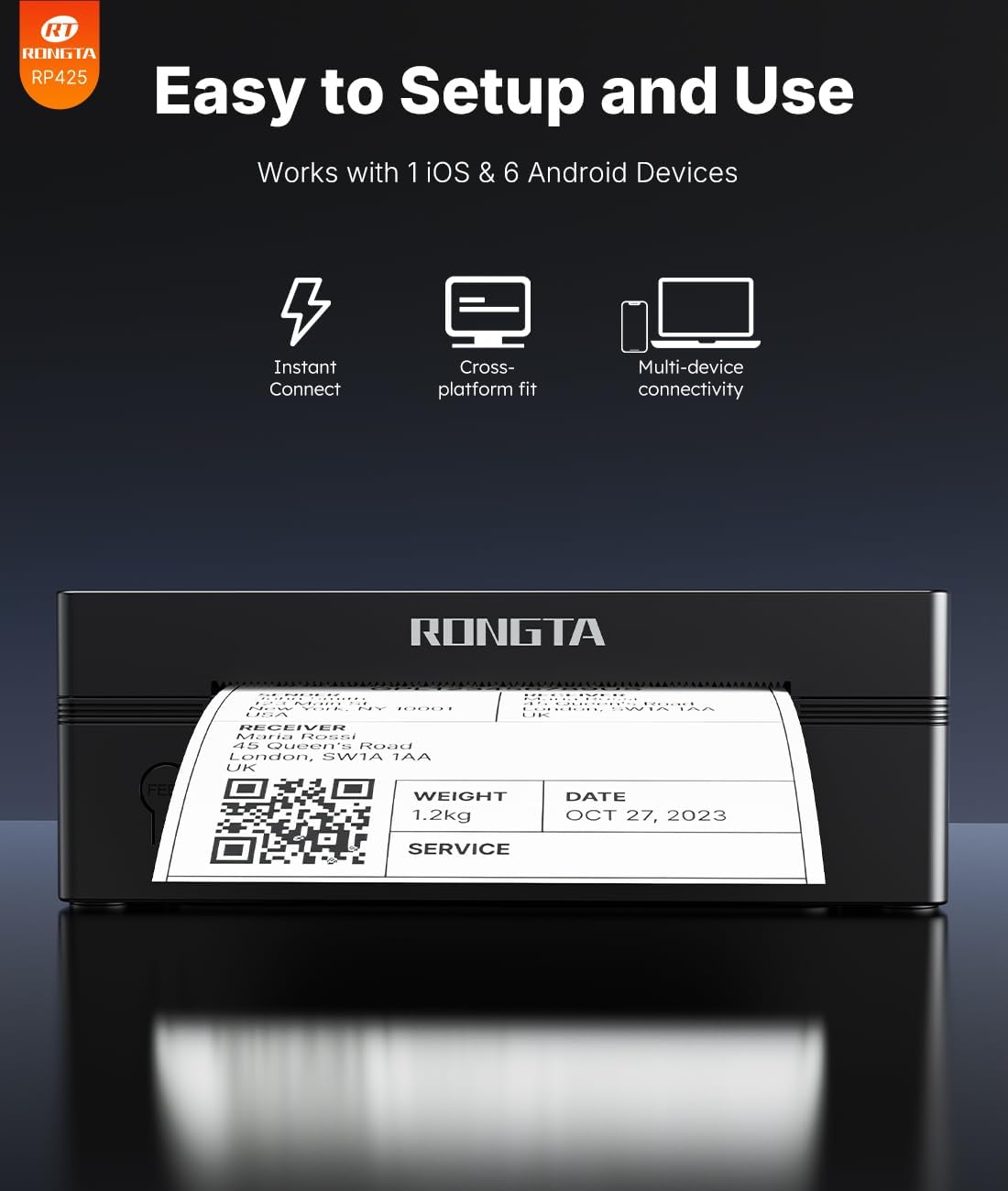 Thumbnail 3 de Rongta RP425 Bluetooth Wireless 4x6 Thermal Shipping Label Printer for iOS and Android