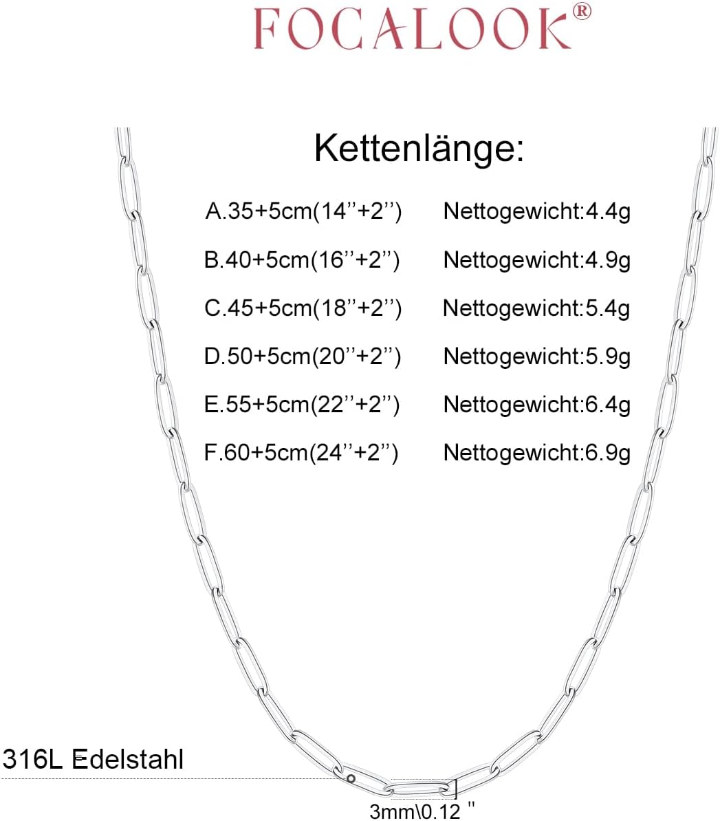 Detalle de FOCALOOK Gliederkette Damen aus 316L Edelstahl – Trombone-/Büroklammer-Kettenglieder, 3 mm breit