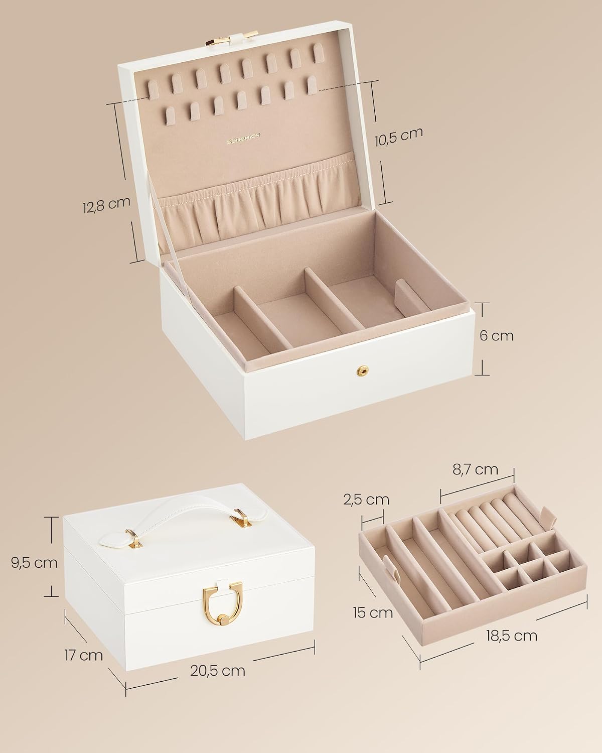 Detalle de SONGMICS Caja joyero de 2 niveles JBC208WD01 con bandeja extraíble y asa (blanco crema)