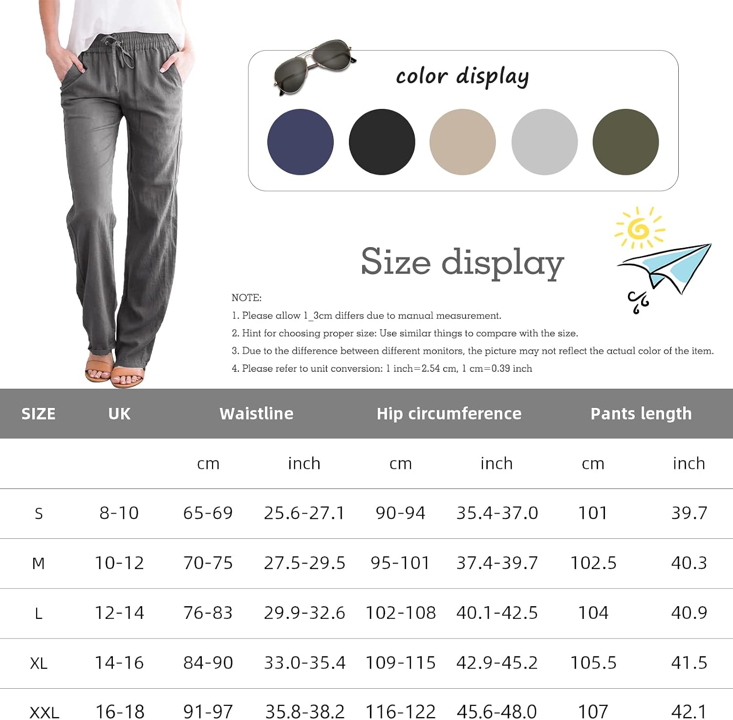 Detalle de Pantalon Femme Yuson en Lin Décontracté – Poches, Taille Élastique, 7 couleurs