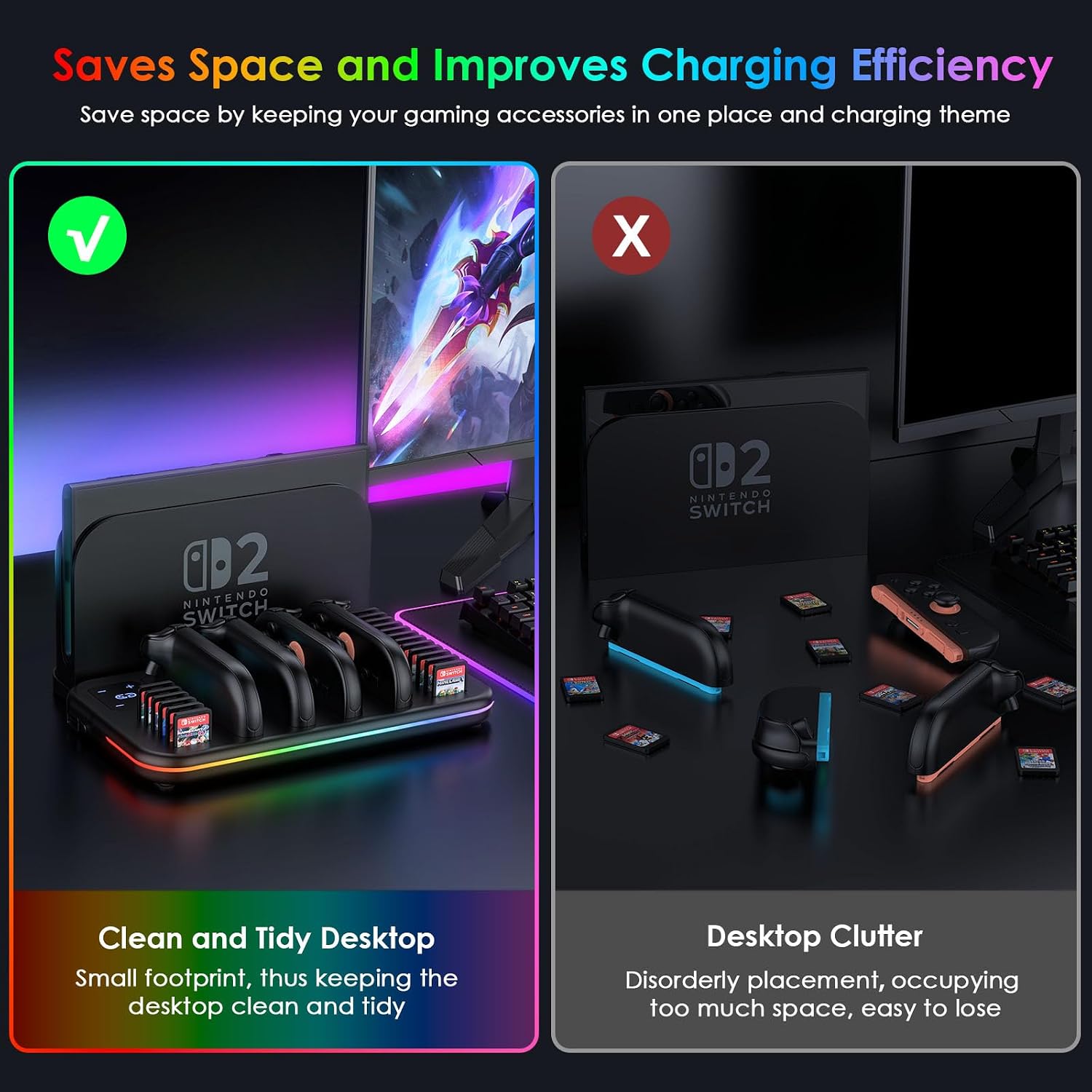Thumbnail 3 de Charging Dock for Nintendo Switch 2 Joy Con: RGB Docking Station with 18 Game Card Slots