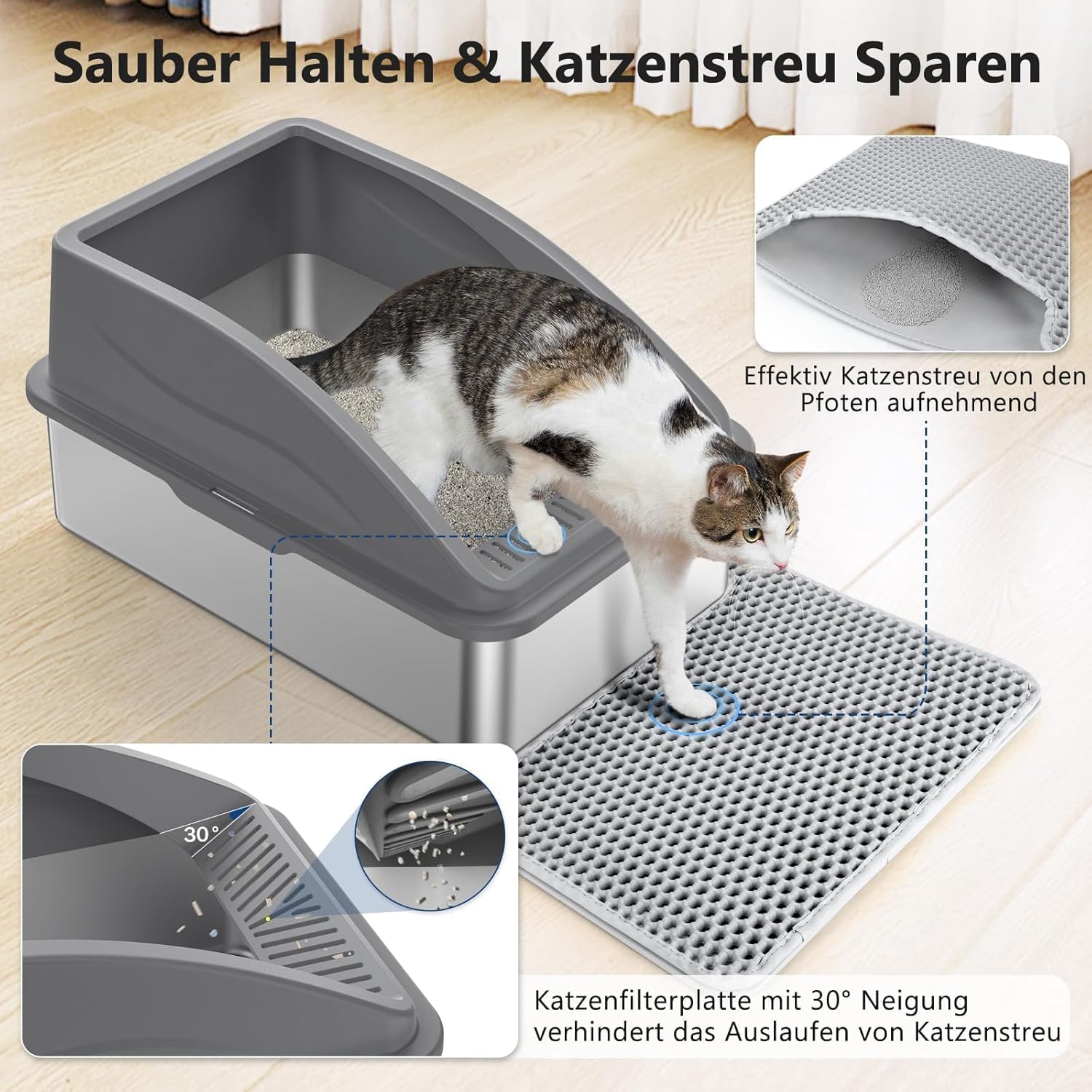 Thumbnail 1 de FURTIME Katzenklo Edelstahl XXL – langlebiges, auslaufsicheres Katzentoilette mit 30° Streifilter-Trittfläche