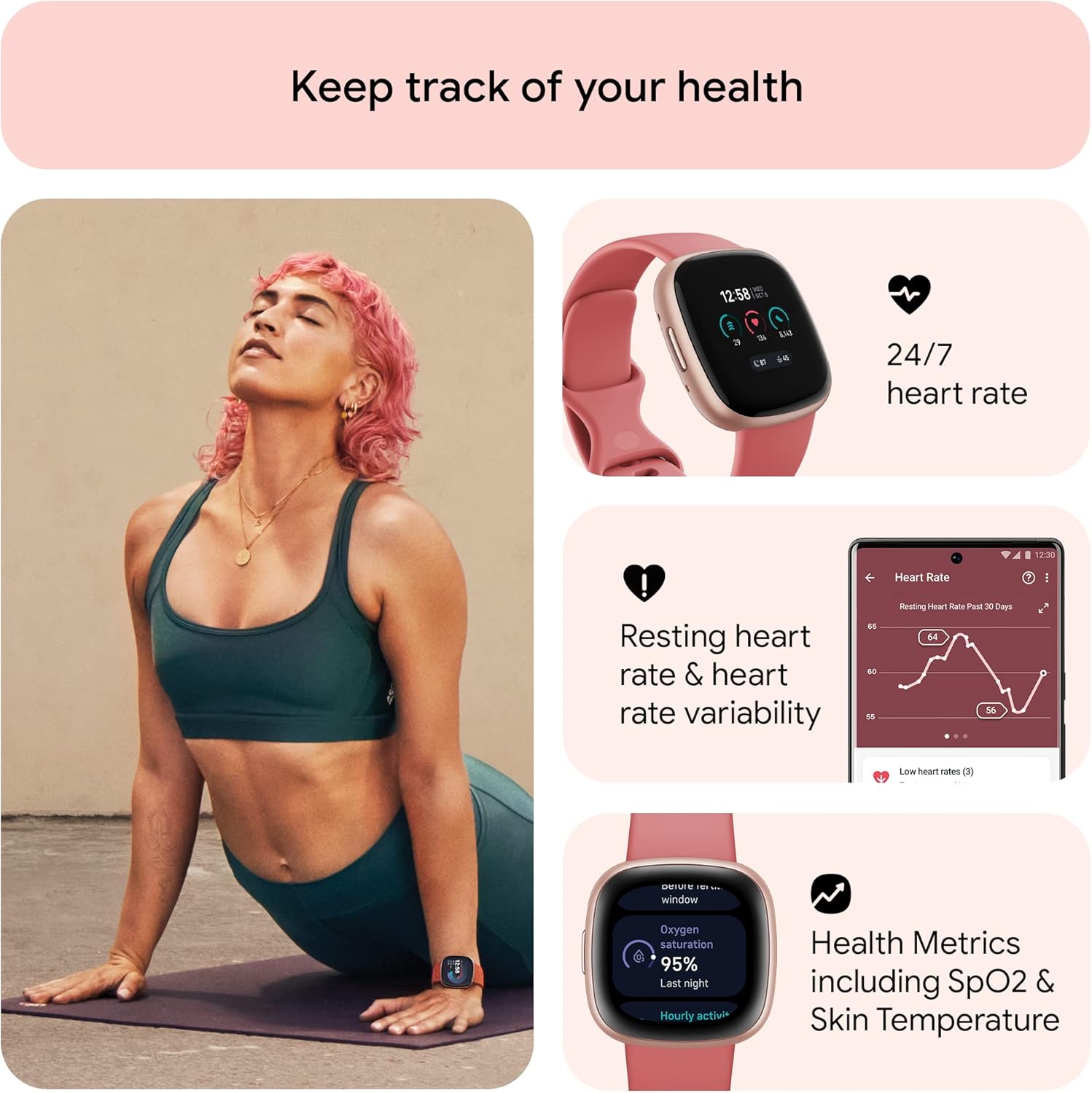 Thumbnail 3 de Fitbit Versa 4 Fitness Smartwatch with Daily Readiness, Built-in GPS, 24/7 Heart Rate (Pink Sand/Copper Rose)
