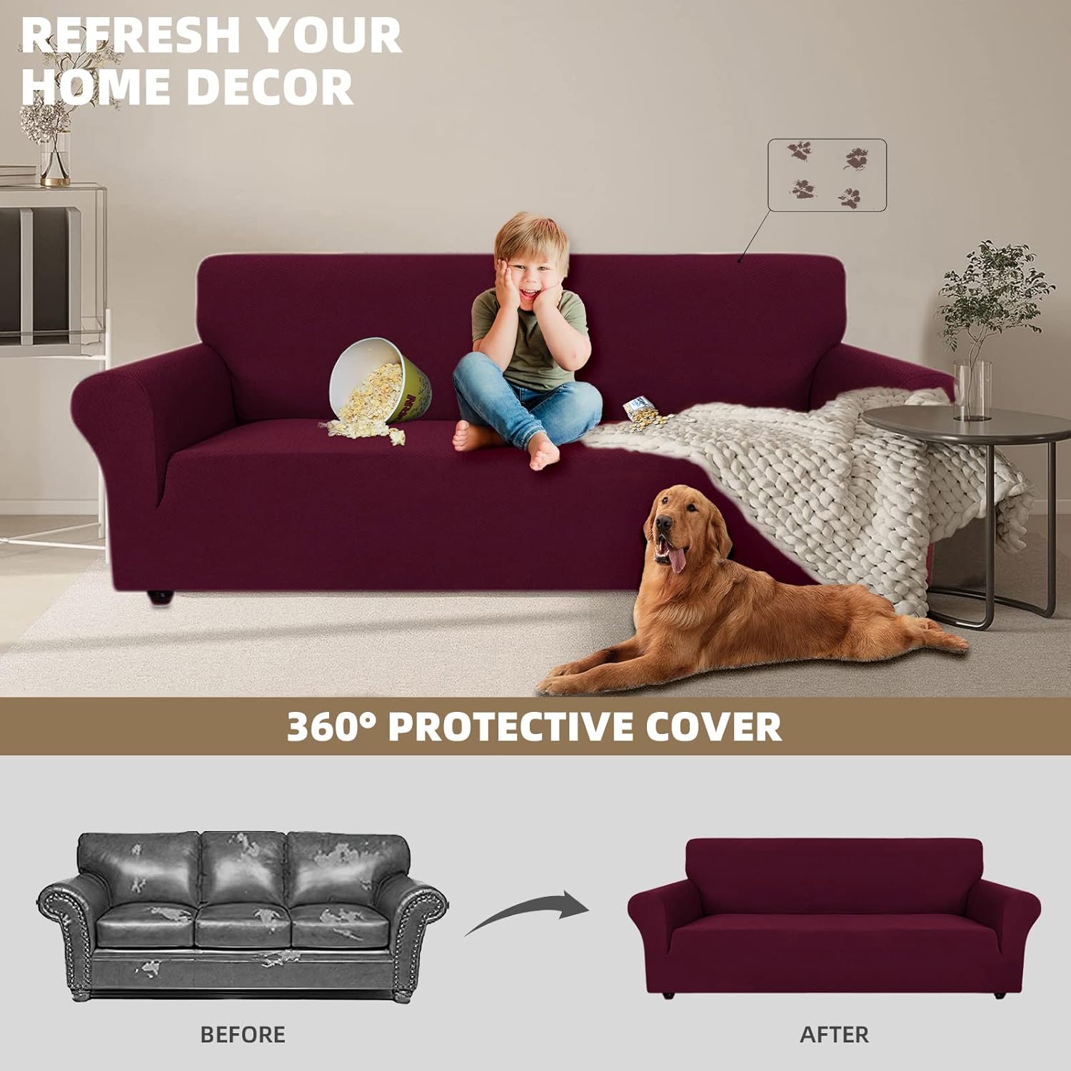 Thumbnail 4 de Ystyle housse de canapé 4 places extensible avec accoudoirs, antidérapante anti-poils animaux – bordeaux