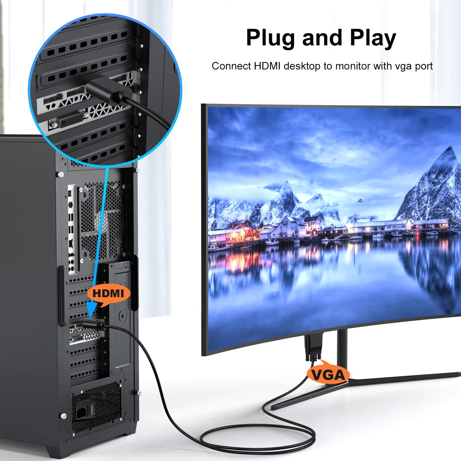 Thumbnail 4 de Omivine HDMI auf VGA Kabel – 3 m, 1080p, HDMI (Ein) zu VGA (Aus)