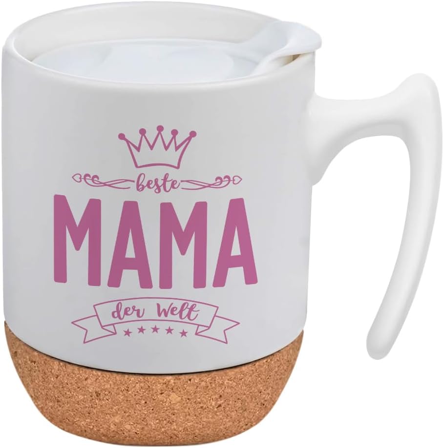 Muttertagsgeschenk: Kaffeetasse mit Deckel und Untersetzer – Beste Mama der Welt, 350 ml