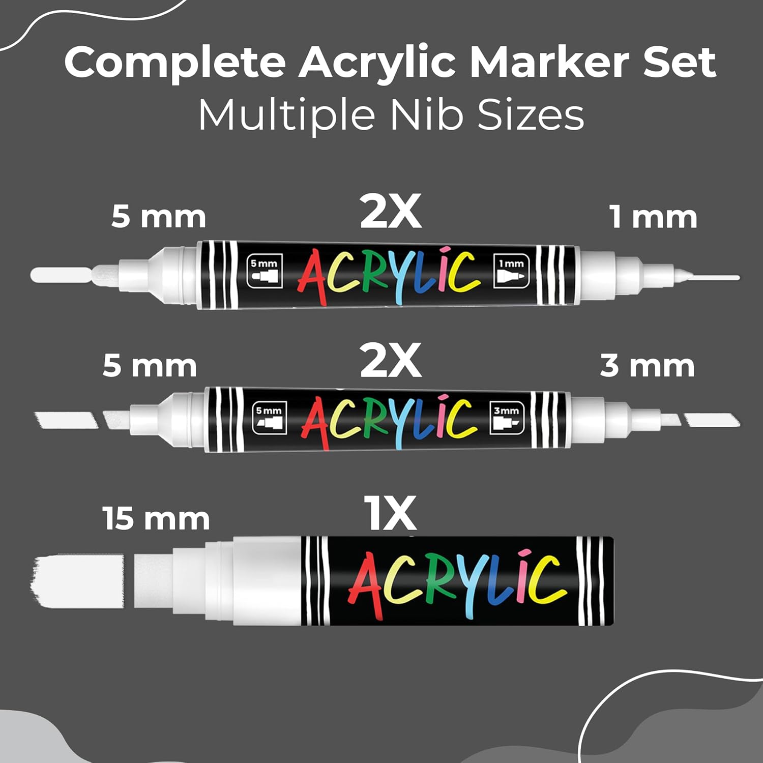 Thumbnail 1 de Chalkola 5 Acrylic White Paint Pen (Dual Tip) – Fine, 3mm, 5mm and 15mm jumbo markers