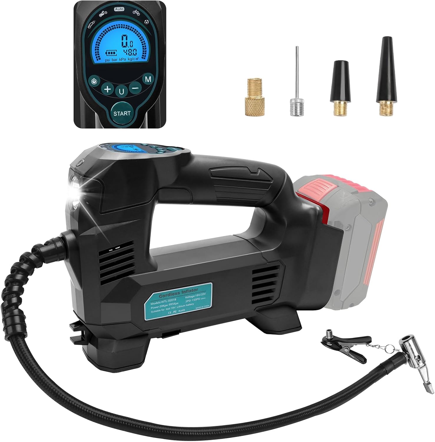 Powarobor Akku-Luftpumpe kompatibel mit Bosch 18V GBA – 10,3 bar Kompressor, LED, Auto-Stopp, inkl. Düsen