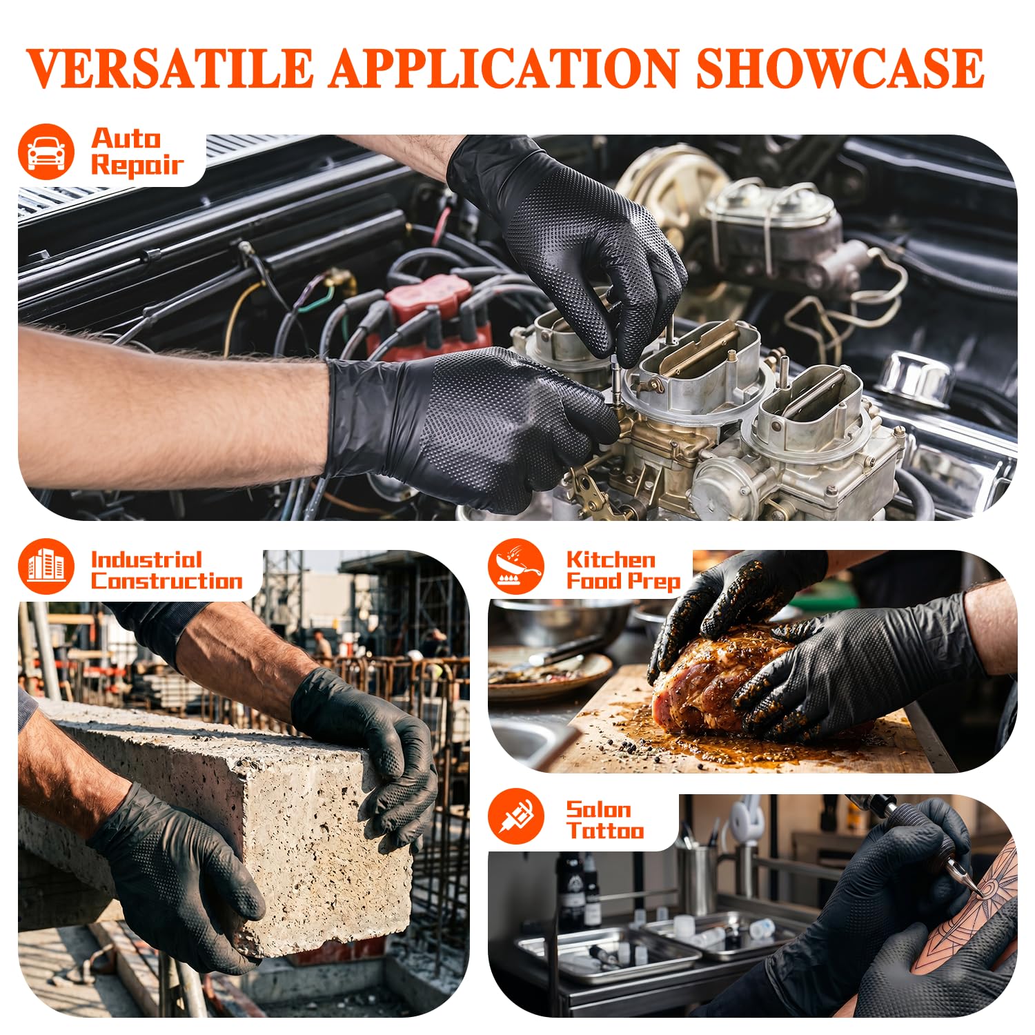 Detalle 2 de ANBOSON 10 Mil Nitrile Mechanic Gloves, Medium, Black, Diamond Grip, 1,000 Count