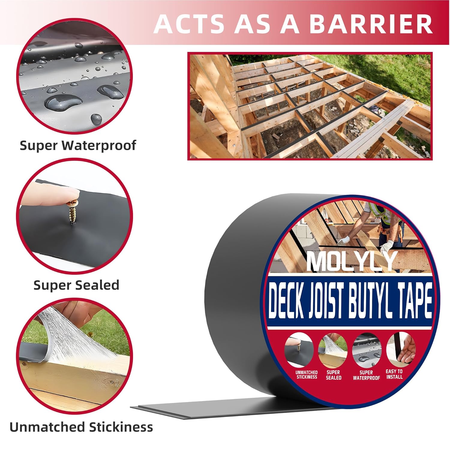 Detalle de MOLYLY Butyl Joist Tape 2 inch (2" x 50') — 10 Rolls Waterproof Deck Joist Flashing Tape