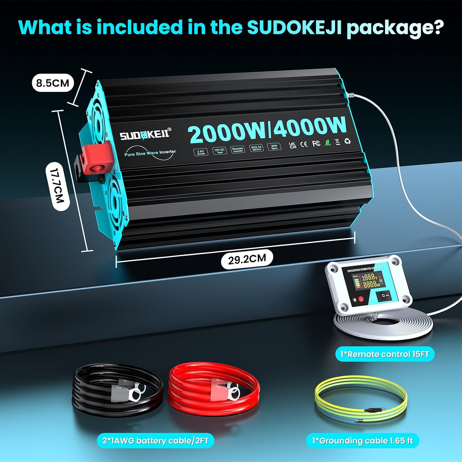 Detalle 2 de SUDOKEJI 2000 W zuivere sinusomvormer 12 V naar 230 V met lcd-afstandsbediening