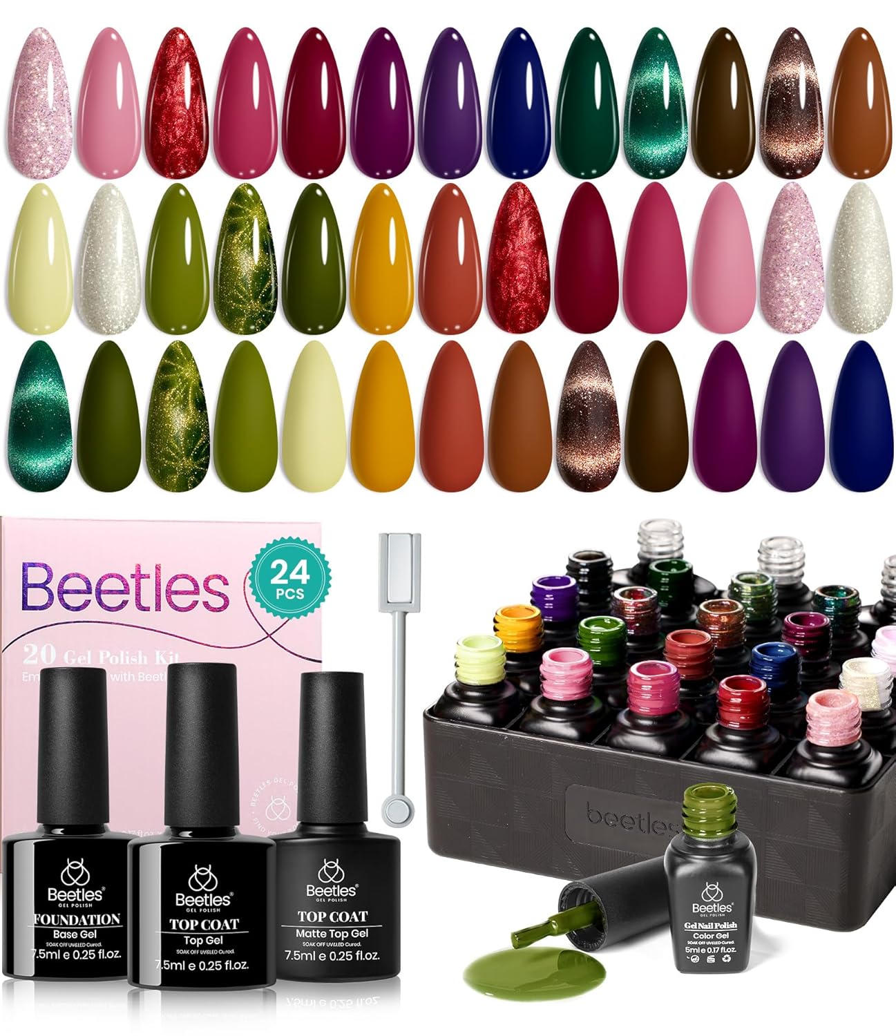 Detalle de Beetles Cat Eye Gel Nail Polish Set (20 Colors) with Base Coat, Matte & Top Coat