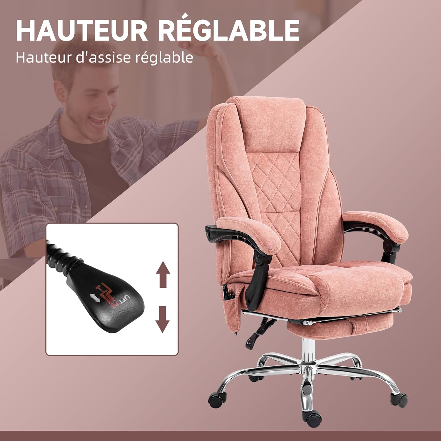 Thumbnail 4 de Vinsetto Fauteuil de Bureau massant 135° Rose