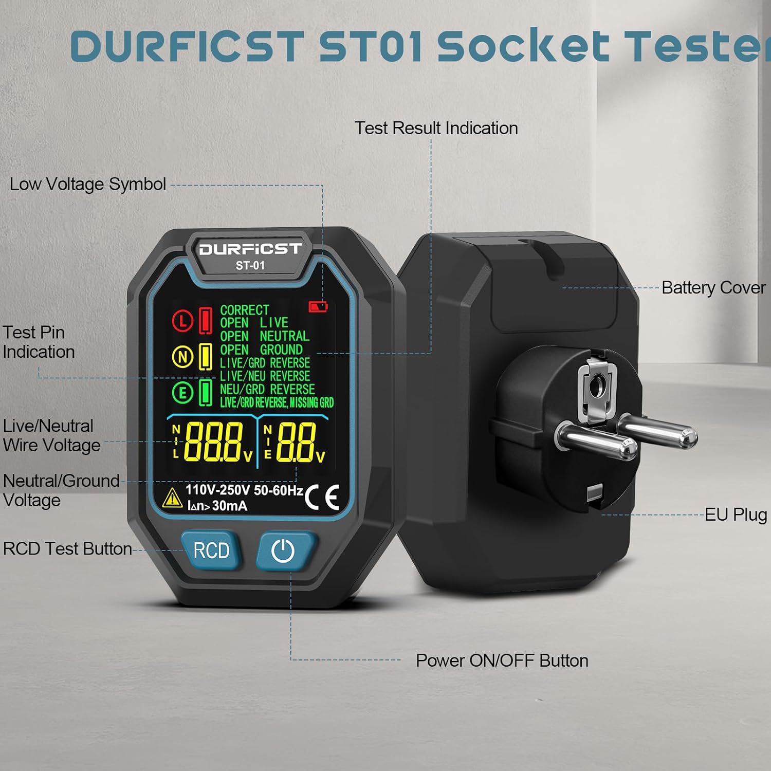 Detalle de DURFICST HTK01 zestaw do kontroli domu: miernik wilgotności, dalmierz 70 m i tester RCD