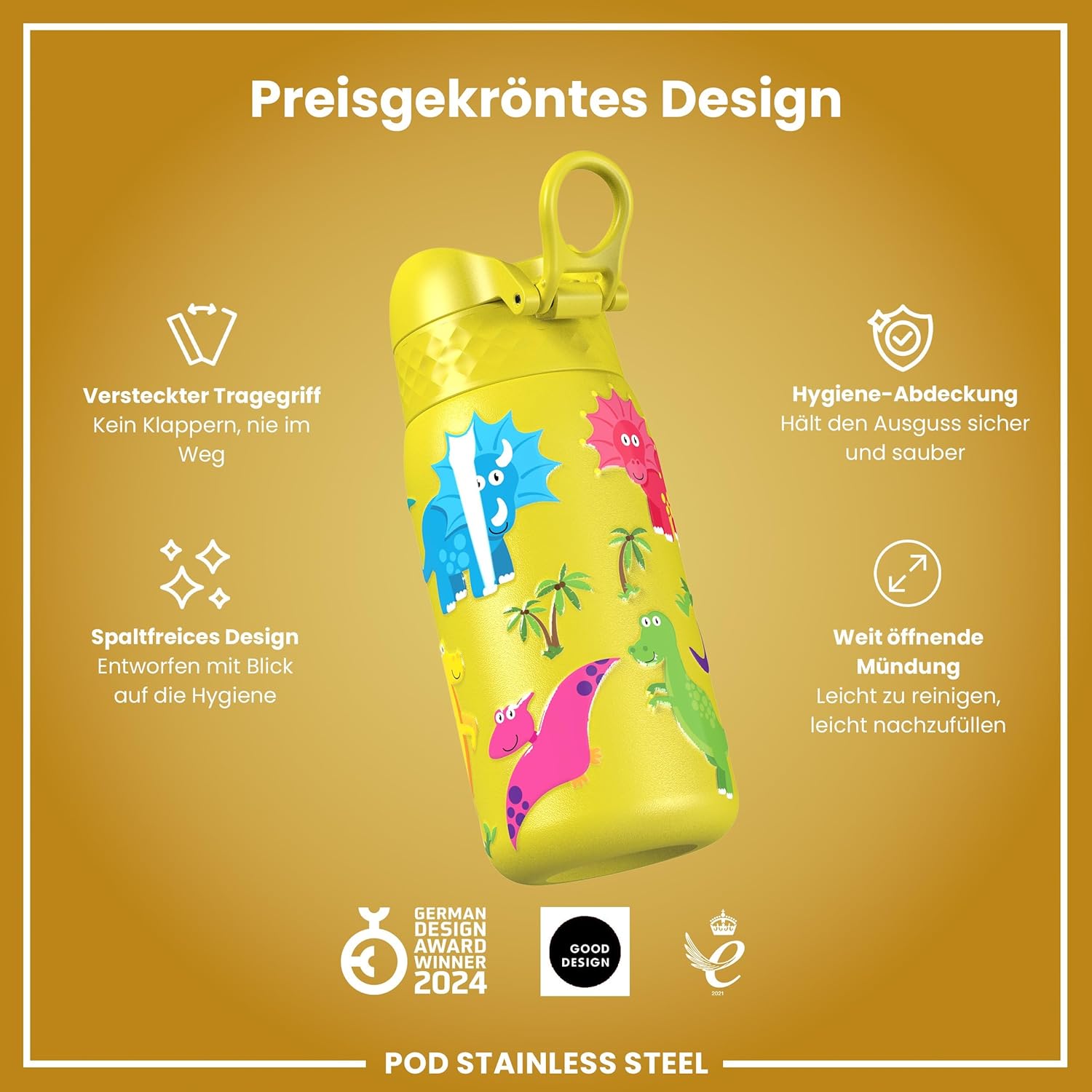 Thumbnail 5 de ion8 Kinder Trinkflasche Edelstahl Leicht 400ml – Auslaufsicher, Klappdeckel, Dinosaurier