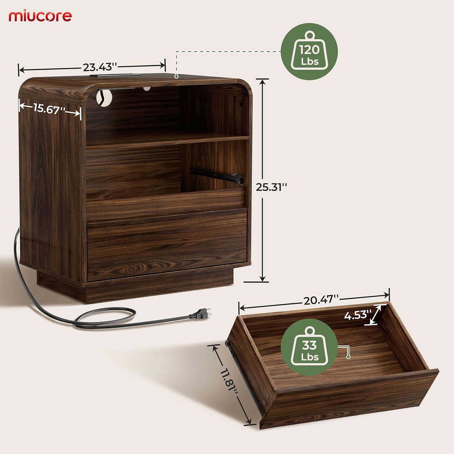 Thumbnail 1 de Miucore FN-NS002 Walnut Nightstand with Charging Station and 2 Drawers