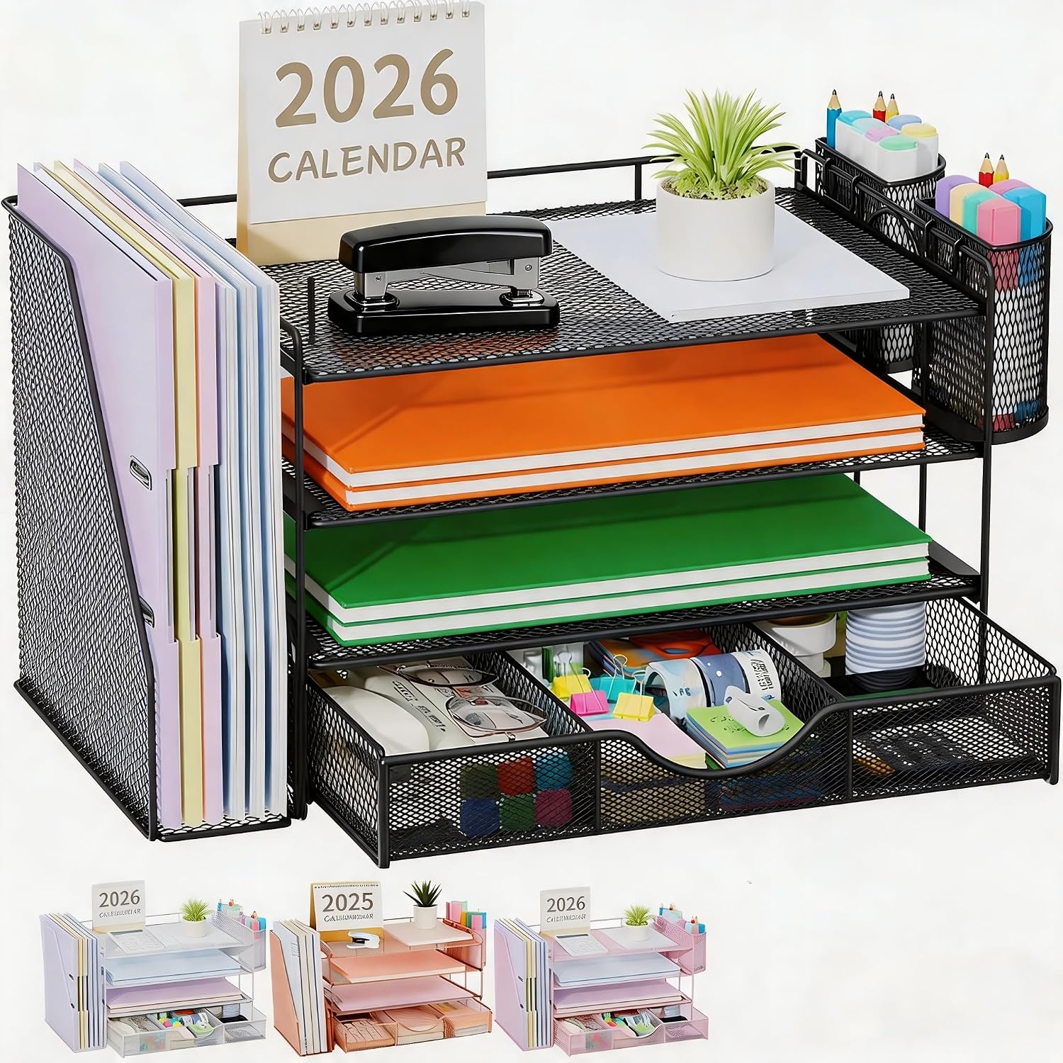Detalle de Quhombo Desk Organiser with File Holder – 4-Tier Mesh Office Storage (Black)