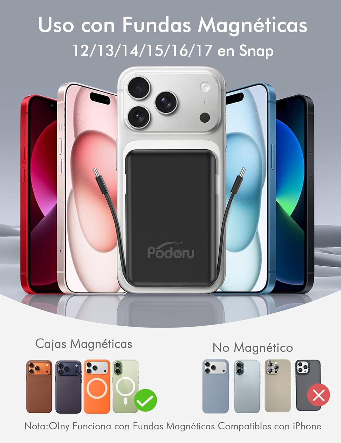 Detalle de podoru powerbank Mag-Safe 10.000 mAh con carga magnética y USB-C PD de 20W (pantalla LED) para iPhone