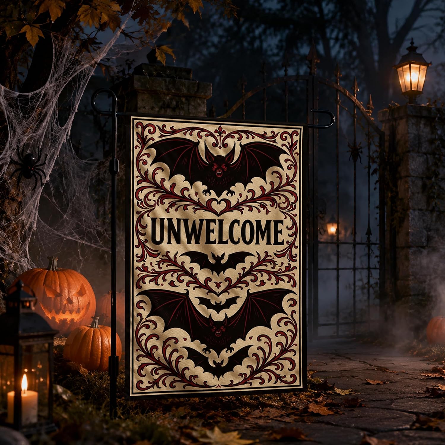 Detalle de MDDRUIQI Unwelcome Gothic Bat Halloween Garden Flag, Double-Sided Polyester