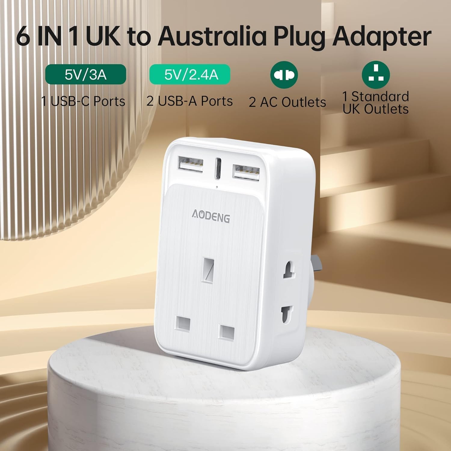 Thumbnail 1 de UK to Australia Plug Adapter 6-in-1 with 2 USB Ports and Type C Fast Charger (Type I)