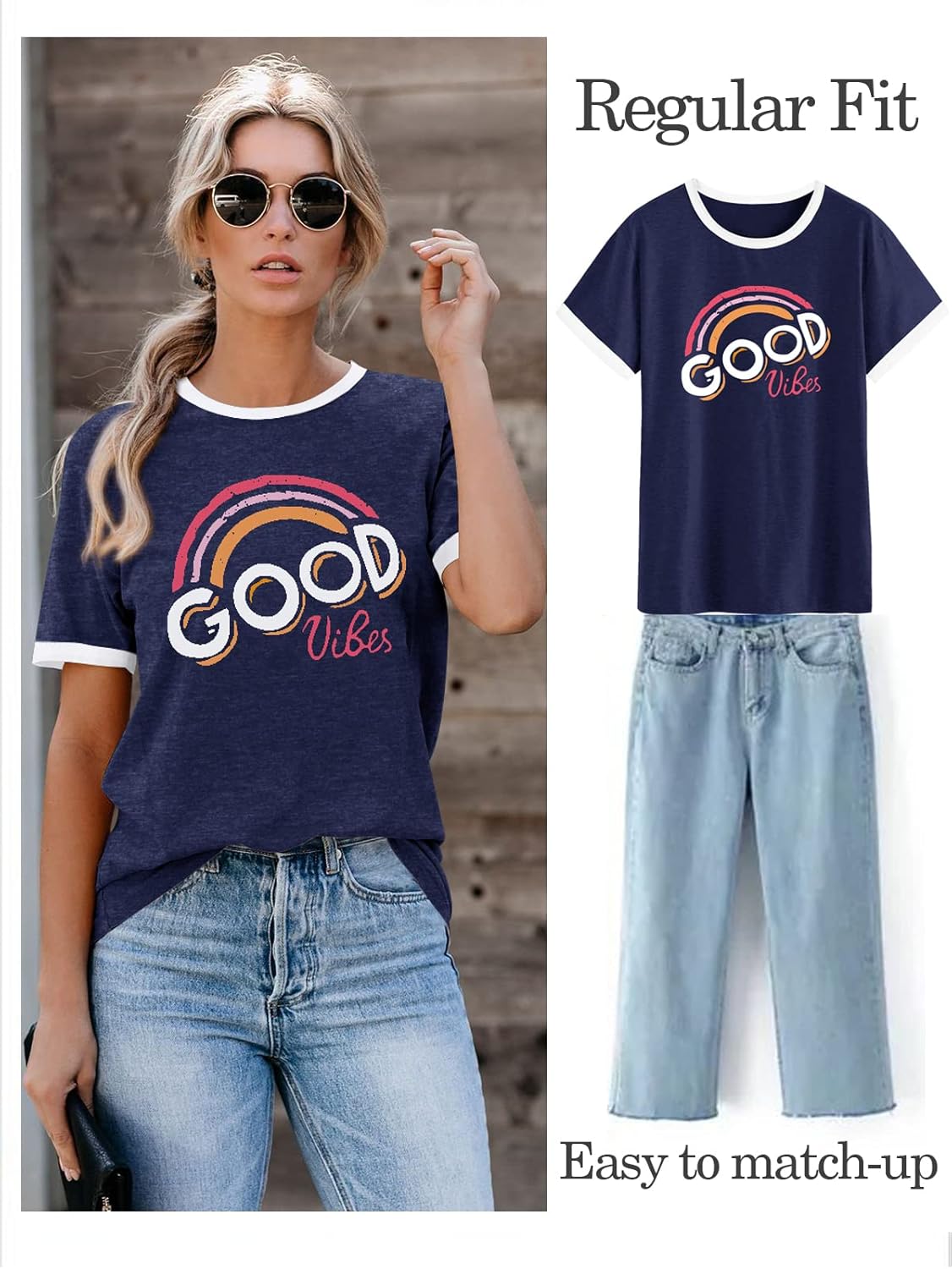 Thumbnail 2 de WIEIYM Women’s “Good Vibes” Rainbow Graphic T-Shirt (Short Sleeve, Round Neck) in S–XXL