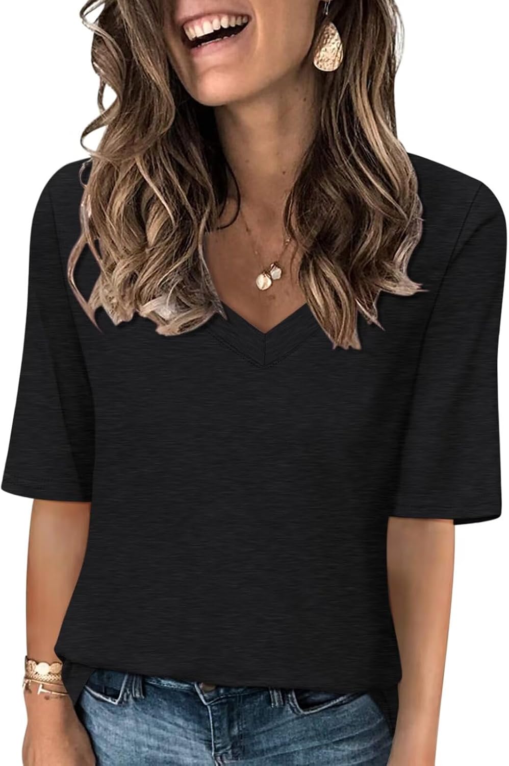 Detalle de Minetom Women’s V-Neck T-Shirts (Casual Half Sleeve) – Soft Stretch Basic Tees for Summer