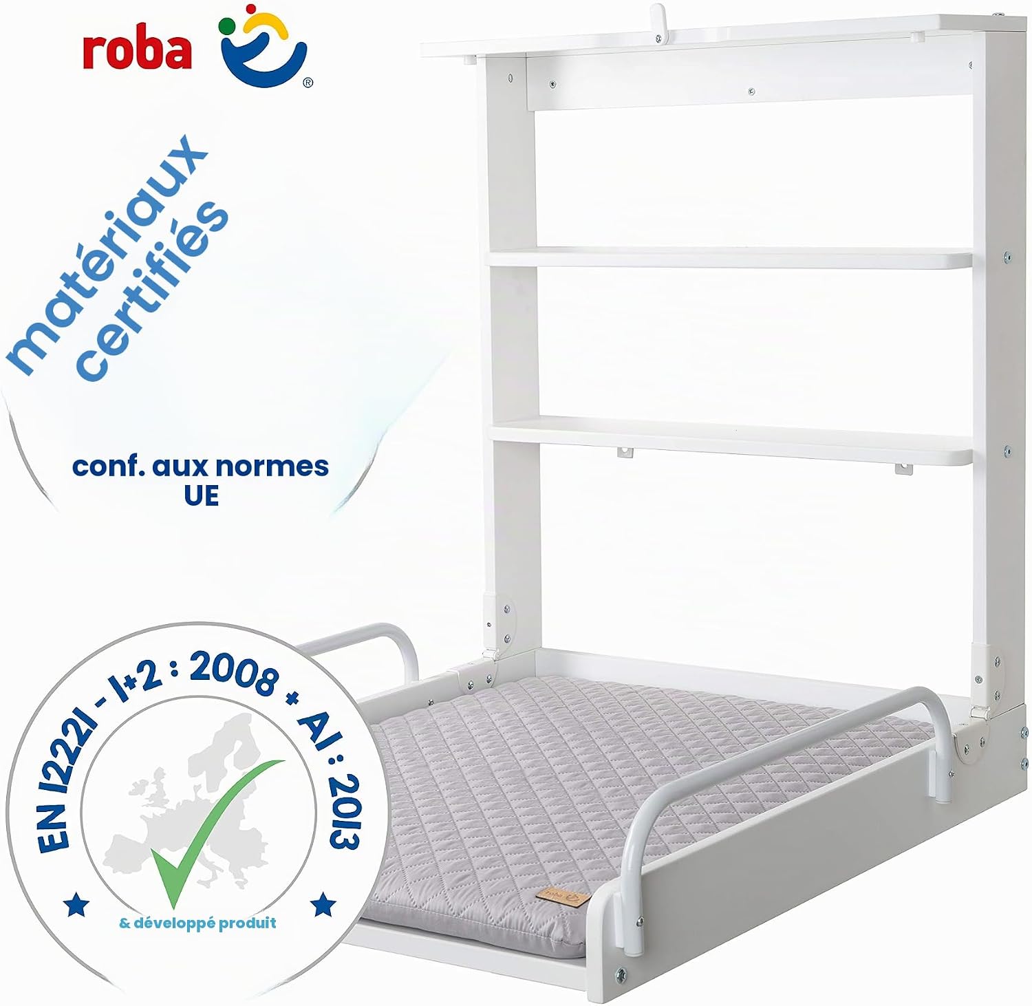 Thumbnail 1 de Roba Table à Langer Murale Rabattable + Matelas à Langer Imperméable – Style Gris Piqué, Bois Laqué Blanc
