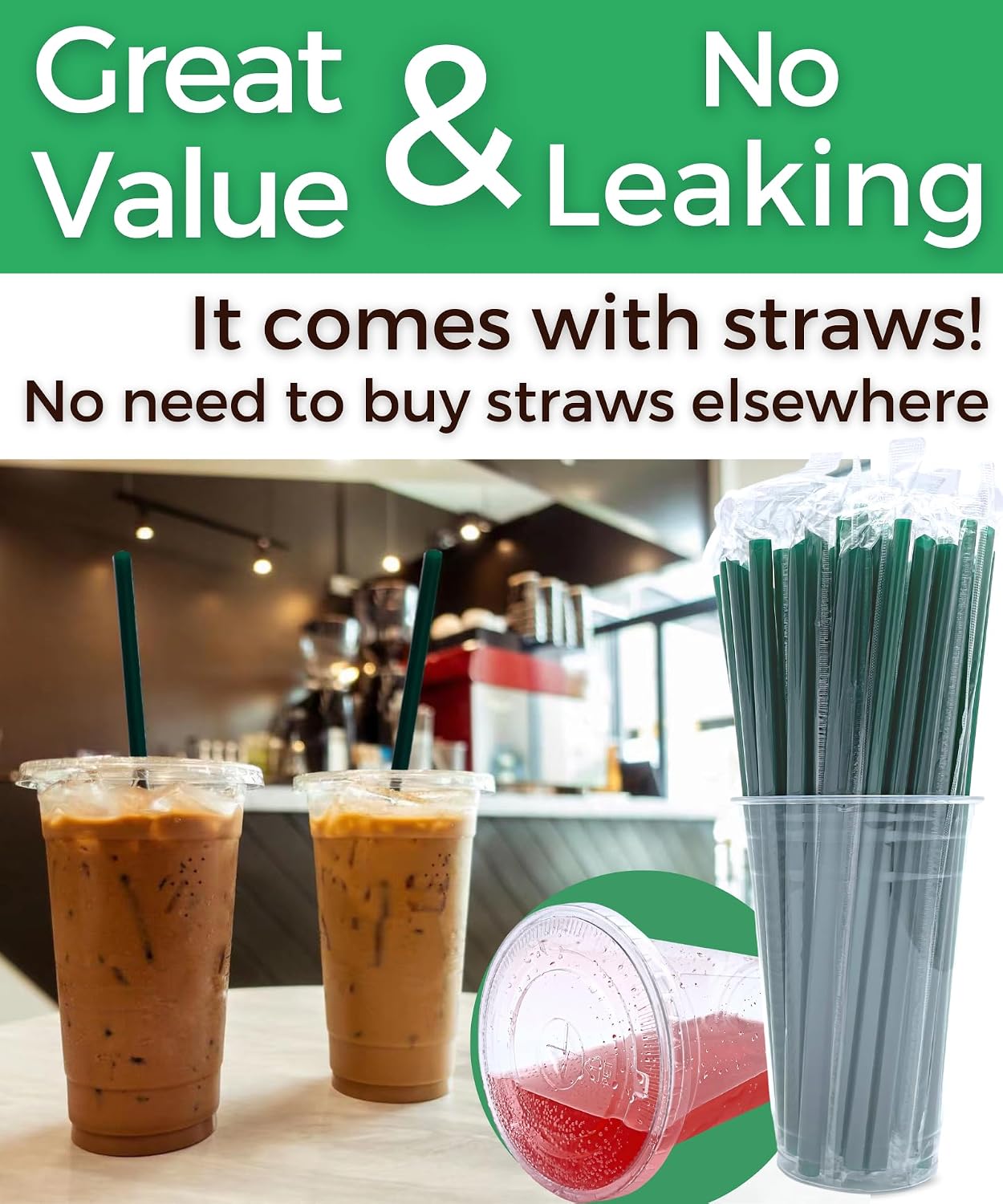 Detalle de 32 oz Clear Plastic Cups with Lids and Straws (25 Sets) – Disposable Coffee Cups