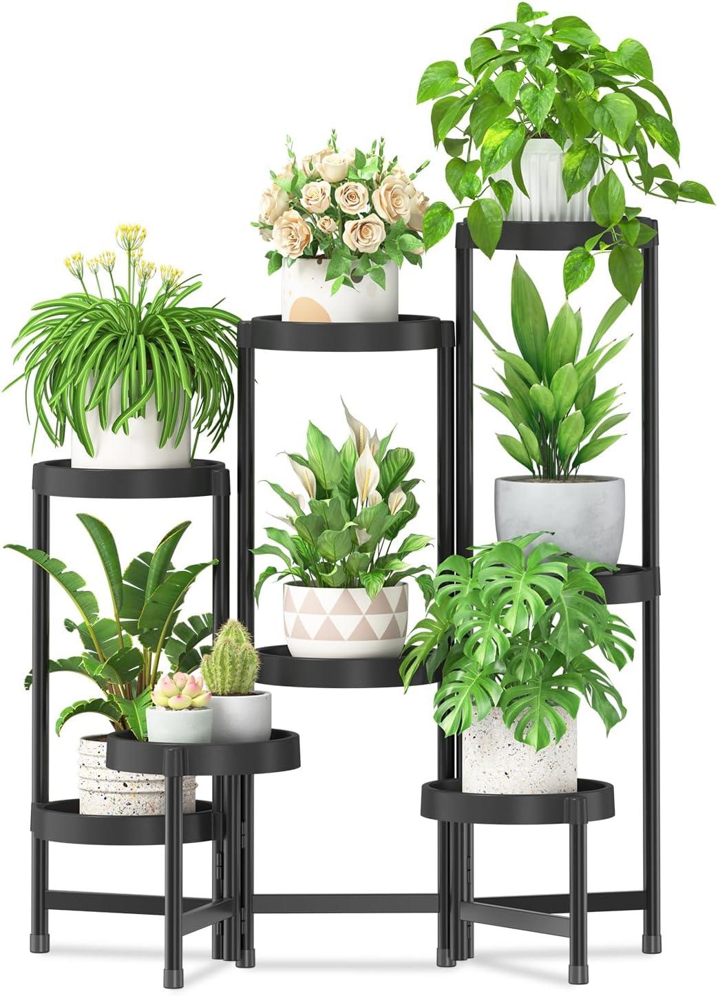 Detalle de iDavosic.ly 8-Tier Folding Plant Stand, Black Metal Rack with Plastic Trays