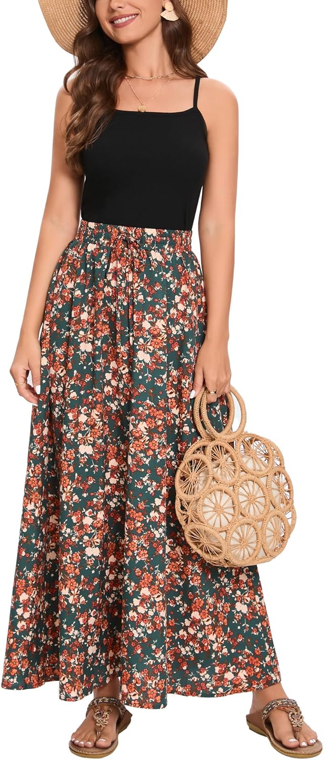 Detalle de Bluetime Women Flowy Long Skirts – Pleated Elastic High Waist Maxi for Summer