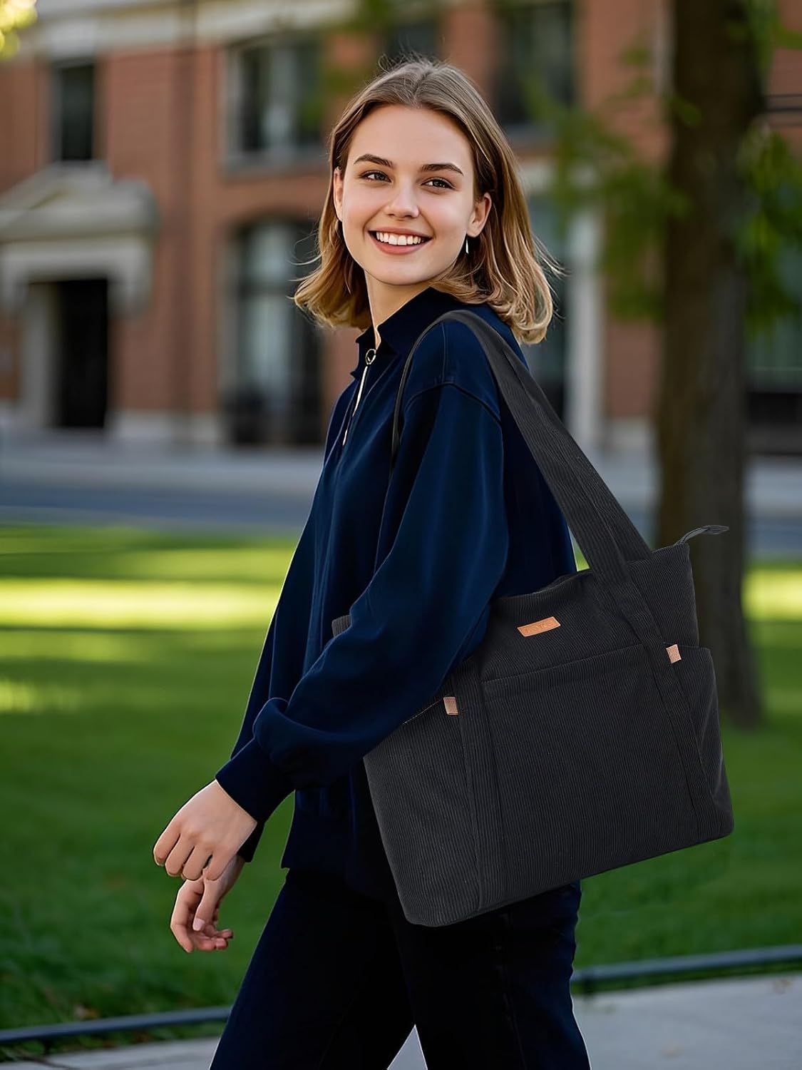 Detalle de Lekespring Cord Tasche Damen – Große Tote Bag mit Reißverschluss, 18 L