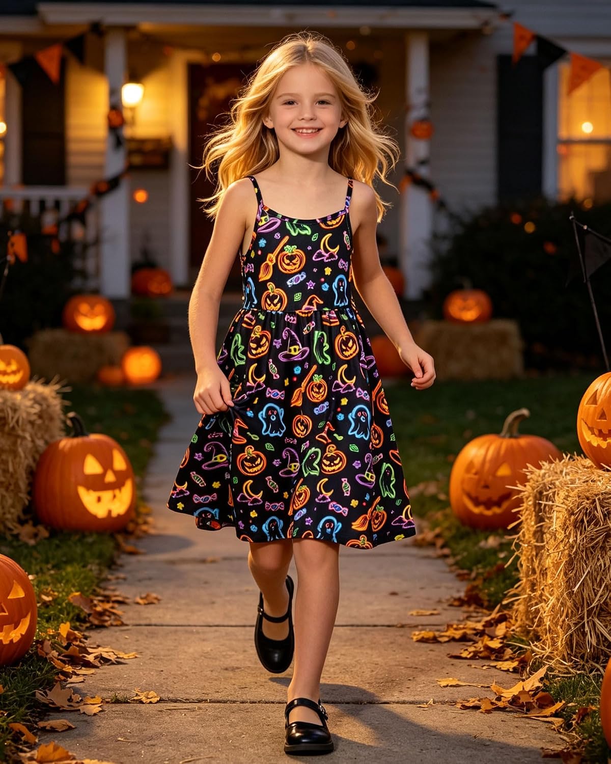 Detalle de Funnycokid Girls’ A-Line Dress Set with Adjustable Straps and Long-Sleeve Top