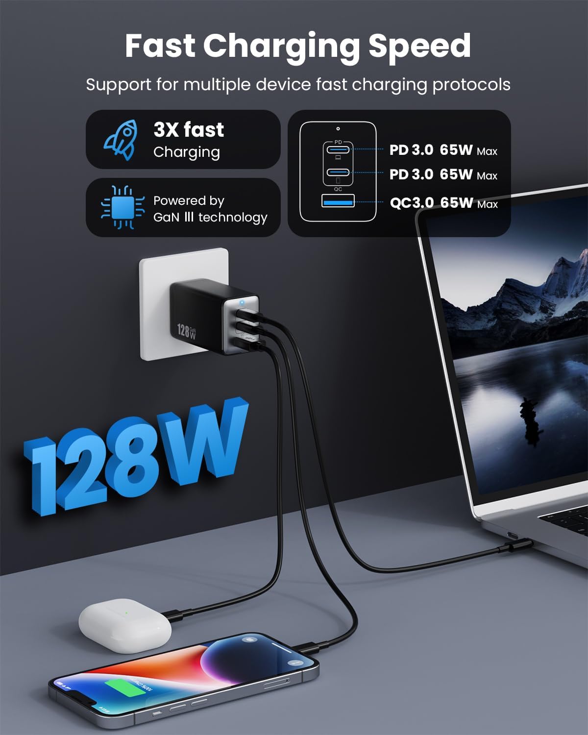Thumbnail 1 de GaN III 128W 3-Port USB-C Charger for Laptop 🔌
