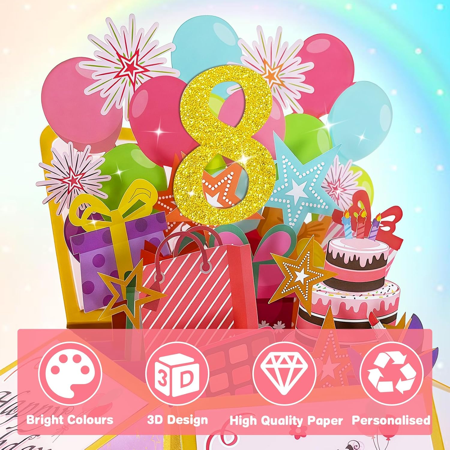 Thumbnail 2 de Hierein 8th Birthday Card, Pink Pop Up – 3D Sweet Happy Birthday Card for Girls