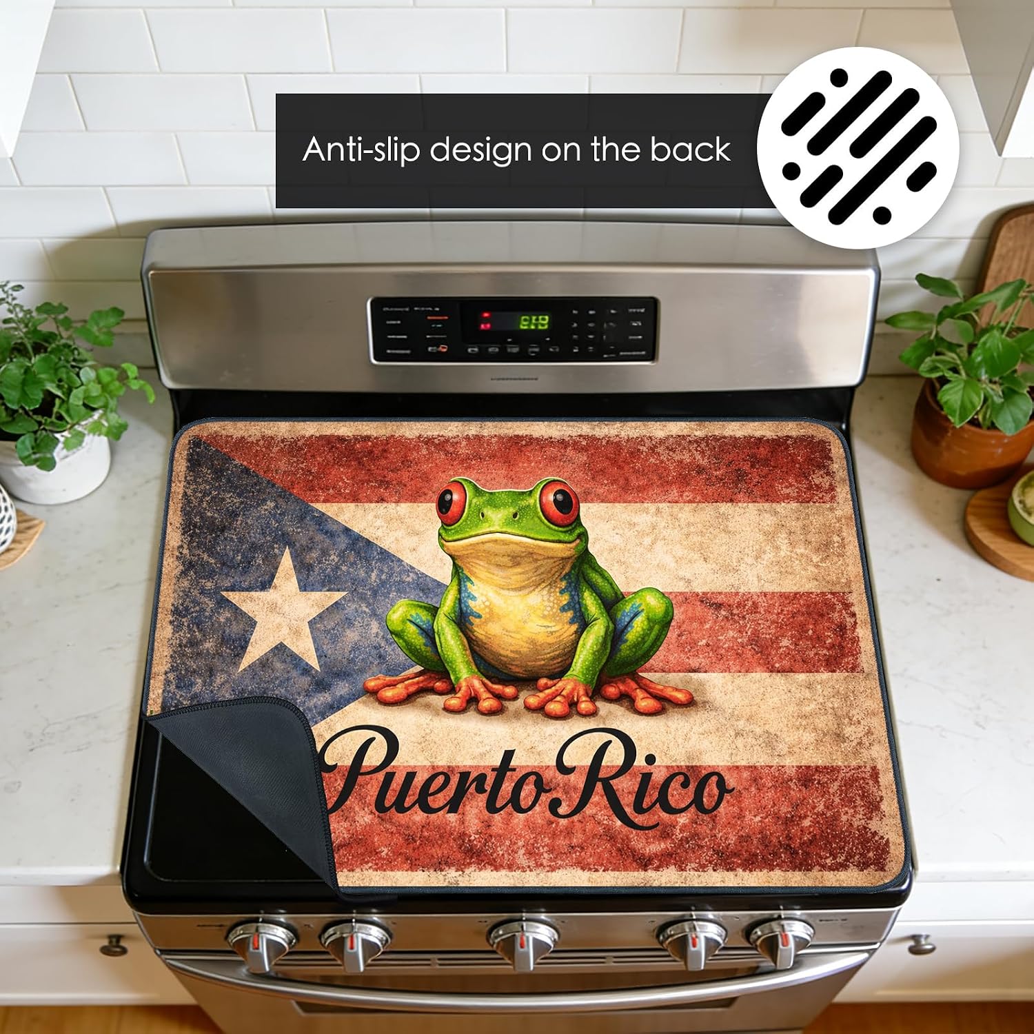 Detalle de Nuxovilar Coqui Frog Stove Cover, Polyester Composite with Puerto Rican Flag Design