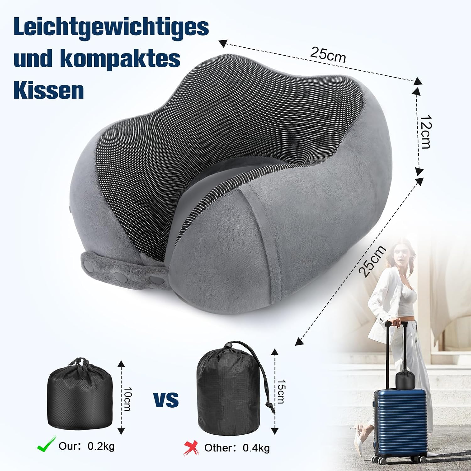 Thumbnail 2 de Cirorld Nackenkissen fürs Flugzeug: verstellbares Memory-Foam-Reisekissen mit Ohrstöpseln, Augenmaske & Tragetasche