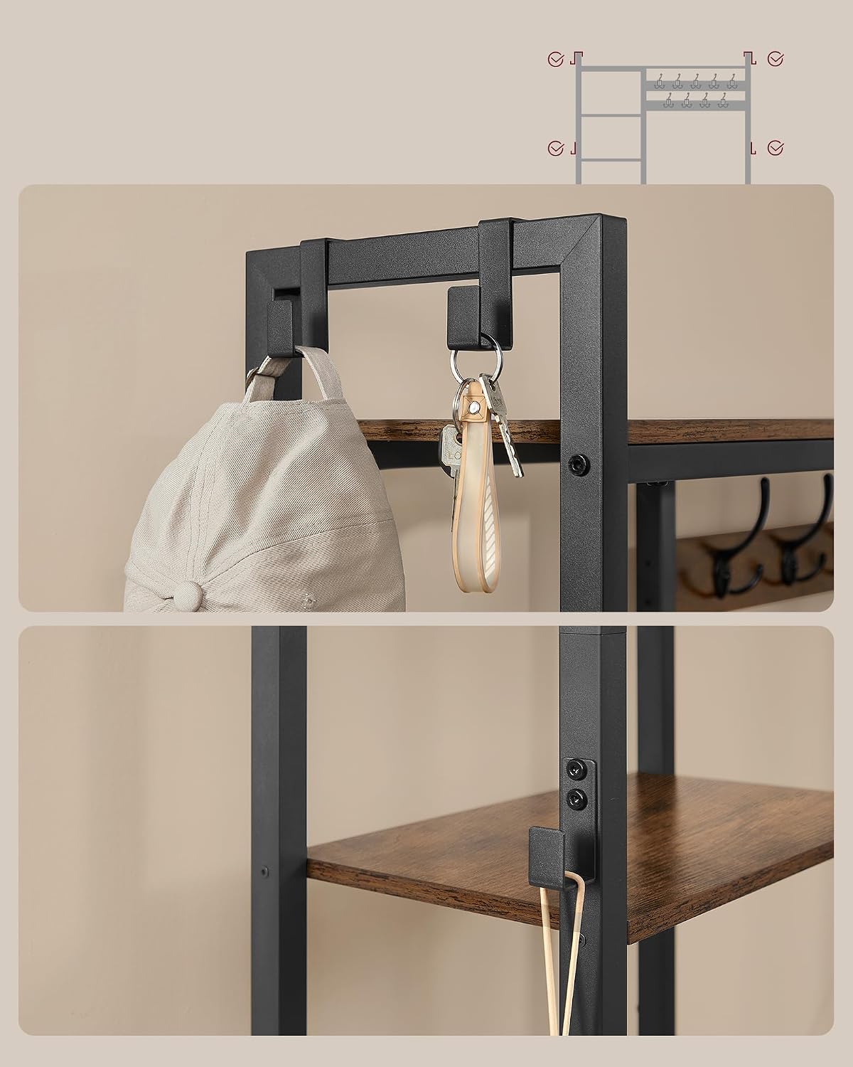 Detalle 2 de VASAGLE DACEY HSR426B01 kapstok met schoenenbank, 7 planken, 40 x 120 x 190 cm