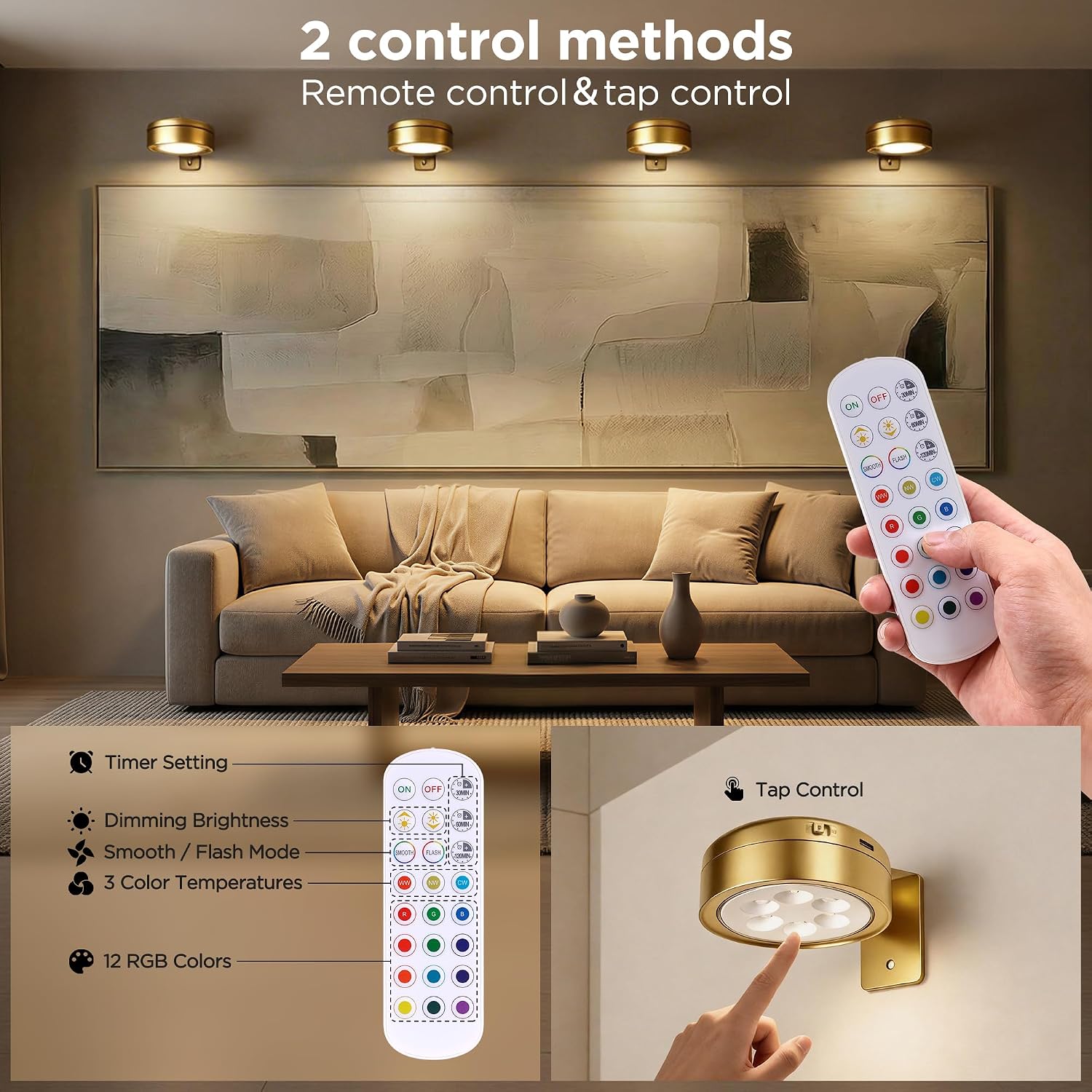 Thumbnail 4 de sooogd 6-Pack Rechargeable Picture Lights, Gold, Dimmable with Remote