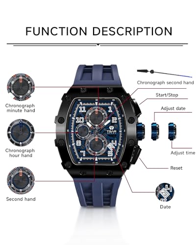 Detalle de TSAR BOMBA Orologio Uomo Tonneau Design Impermeabile 50M – Cronografo Elegante in Acciaio 316 Lunetta