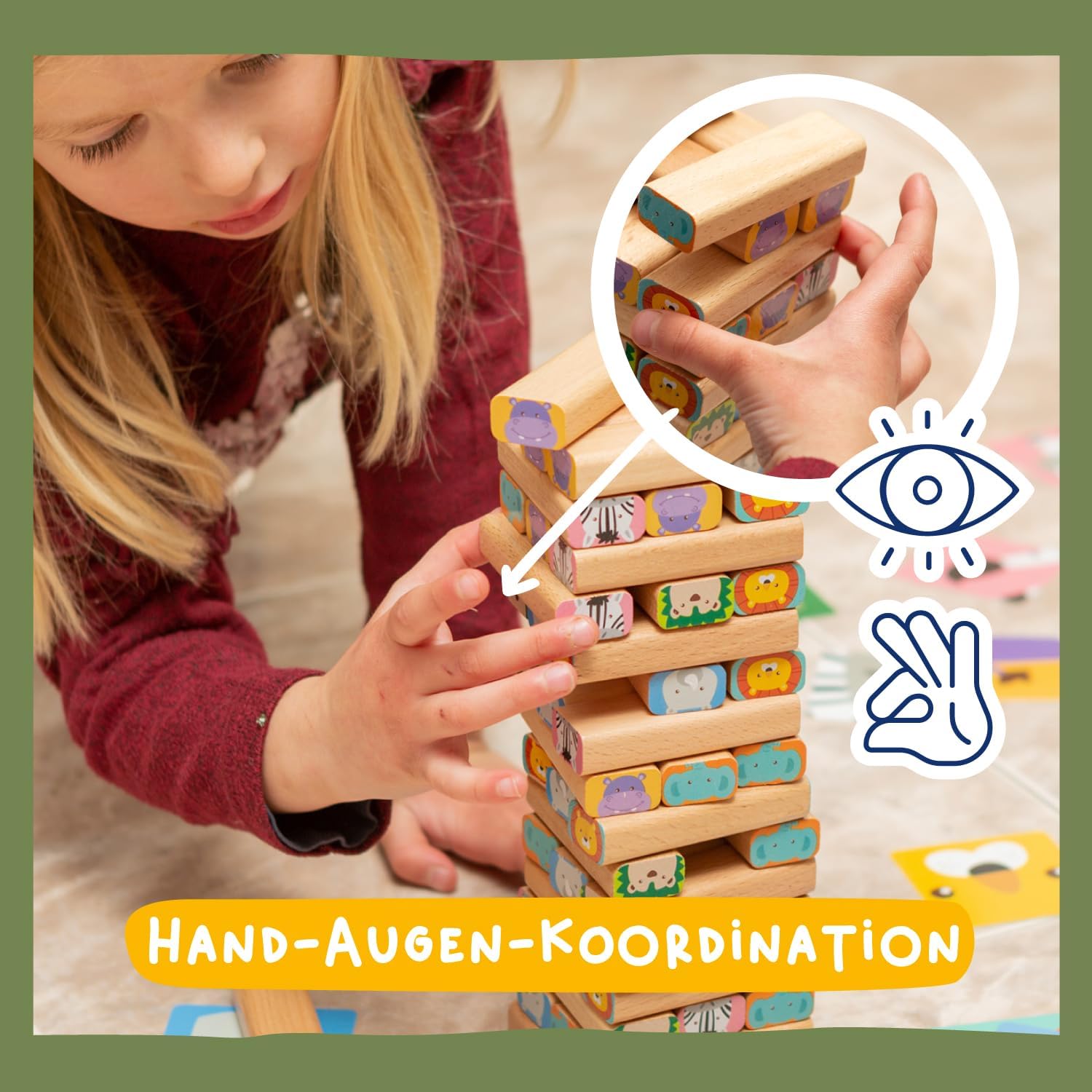 Detalle 2 de Nene Toys 4-in-1 Holz-Wackelturm aus Buchenholz (Familienspiel & Lernspiel) – Safari-Tierspiel für Kinder 3–9