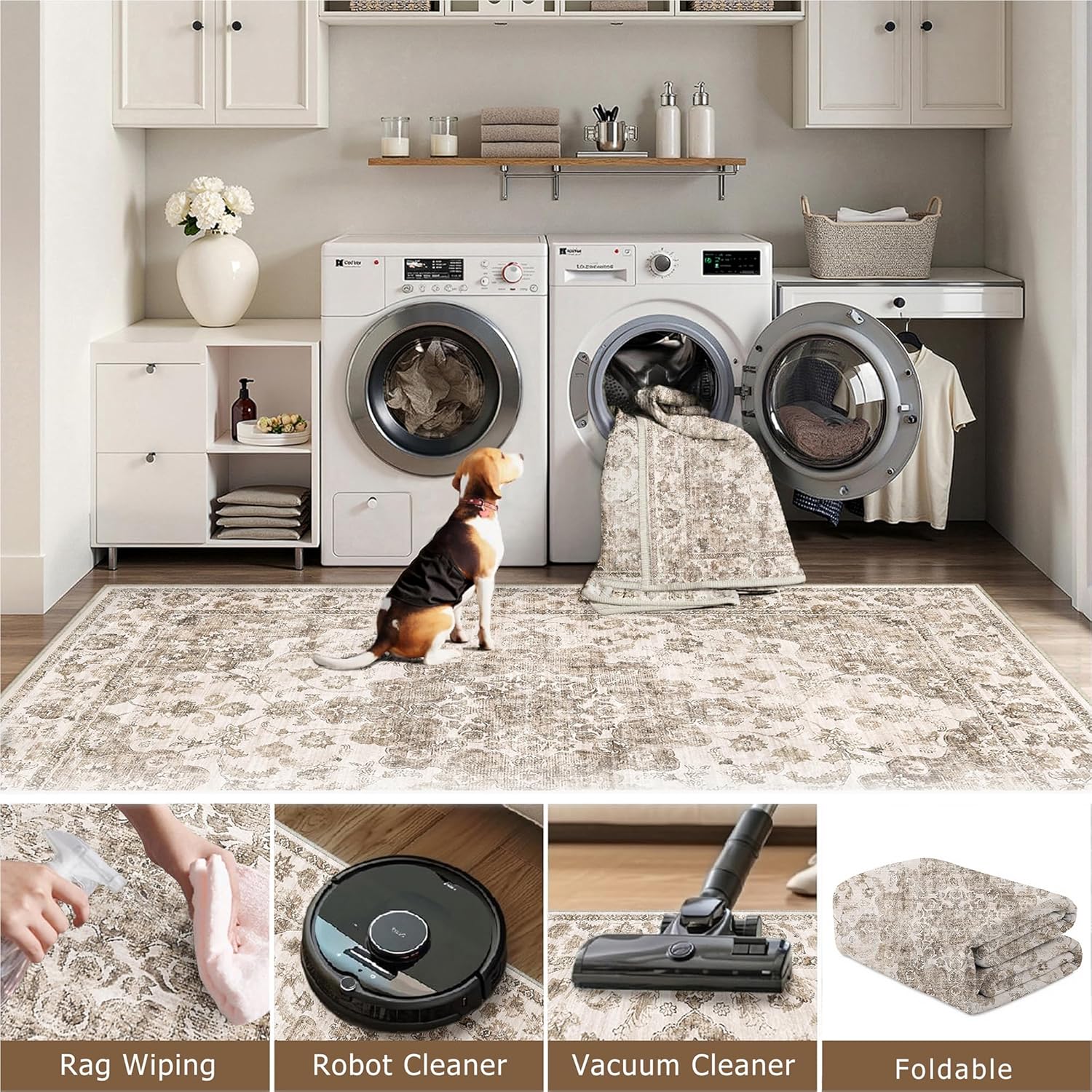 Thumbnail 3 de HUGEAR Vintage Style Large Area Rug (Brown) 300x400cm – non-slip, washable low pile